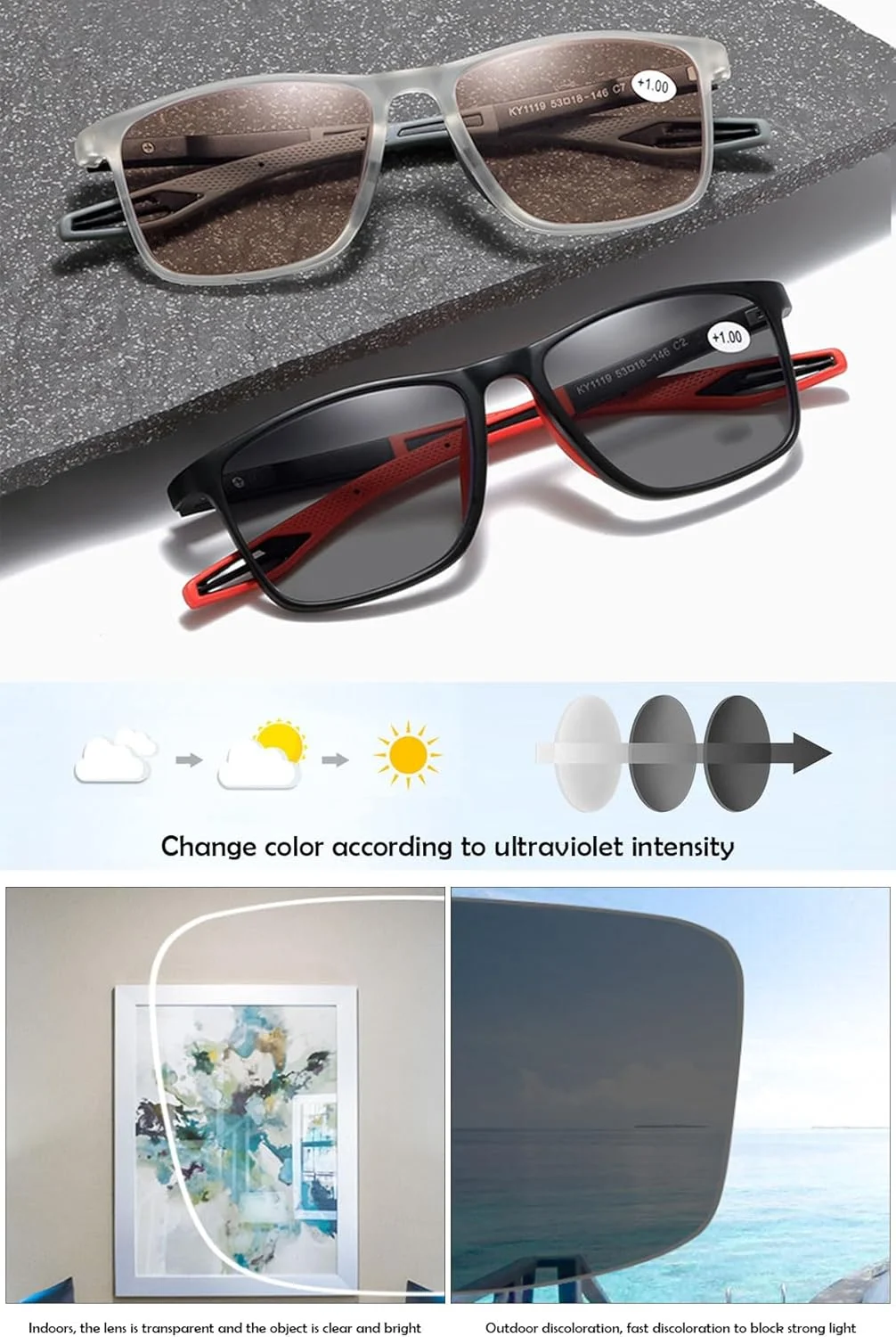 عینک مطالعه فتوکرومیک، فیلتر نور آبی، مناسب آقایان و بانوان، لولای فنری، فریم مستطیلی TR90 با محافظت UV، عینک آفتابی مطالعه، کمک مطالعه، 0.0 1.0 1.5 2.0 2.5 3.0