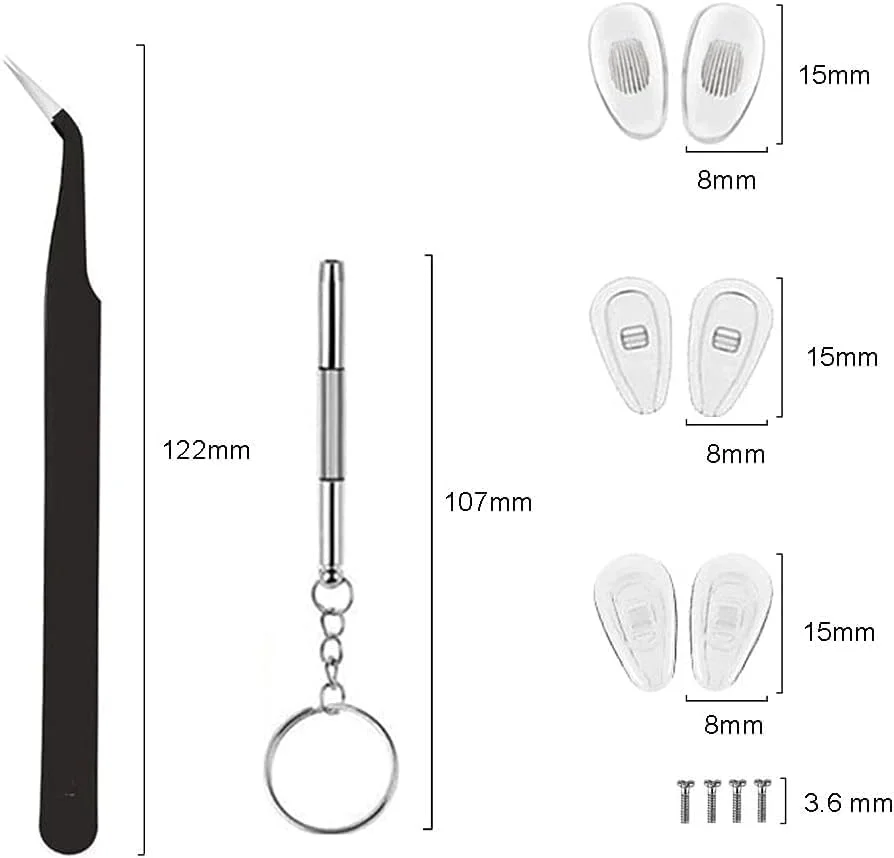 یلاجوی 18 جفت پد بینی عینک، کیت تعمیر عینک با پیچ گوشتی، پد بینی، پیچ، موچین، پارچه تمیز کننده برای عینک، جایگزینی پد بینی عینک و آفتابی
