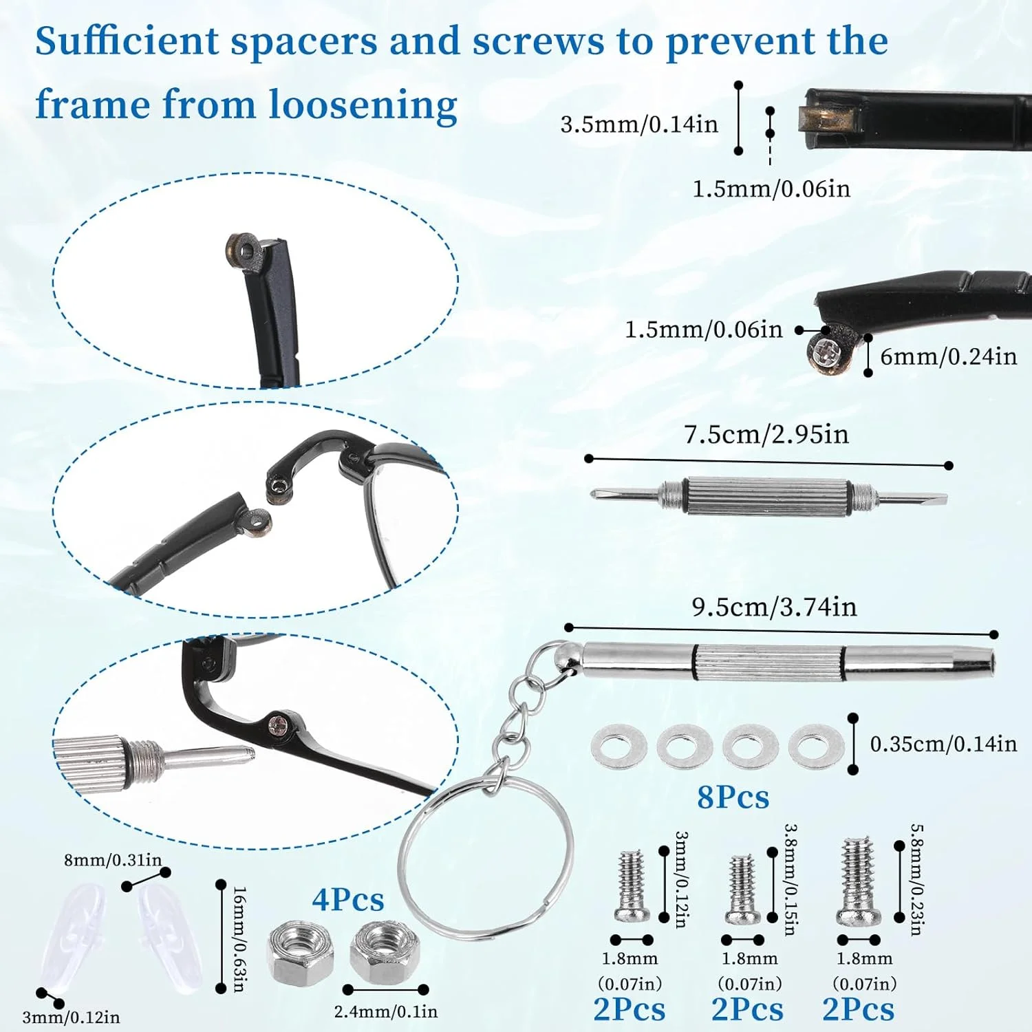 ست تعمیر عینک TR90 با عرض 3.5 میلیمتر - شامل دسته عینک، پیچ، واشر، پیچگوشتی و پد بینی ست تعمیر عینک TR90 با عرض 3.5 میلیمتر - شامل دسته عینک، پیچ، واشر، پیچگوشتی و پد بینی