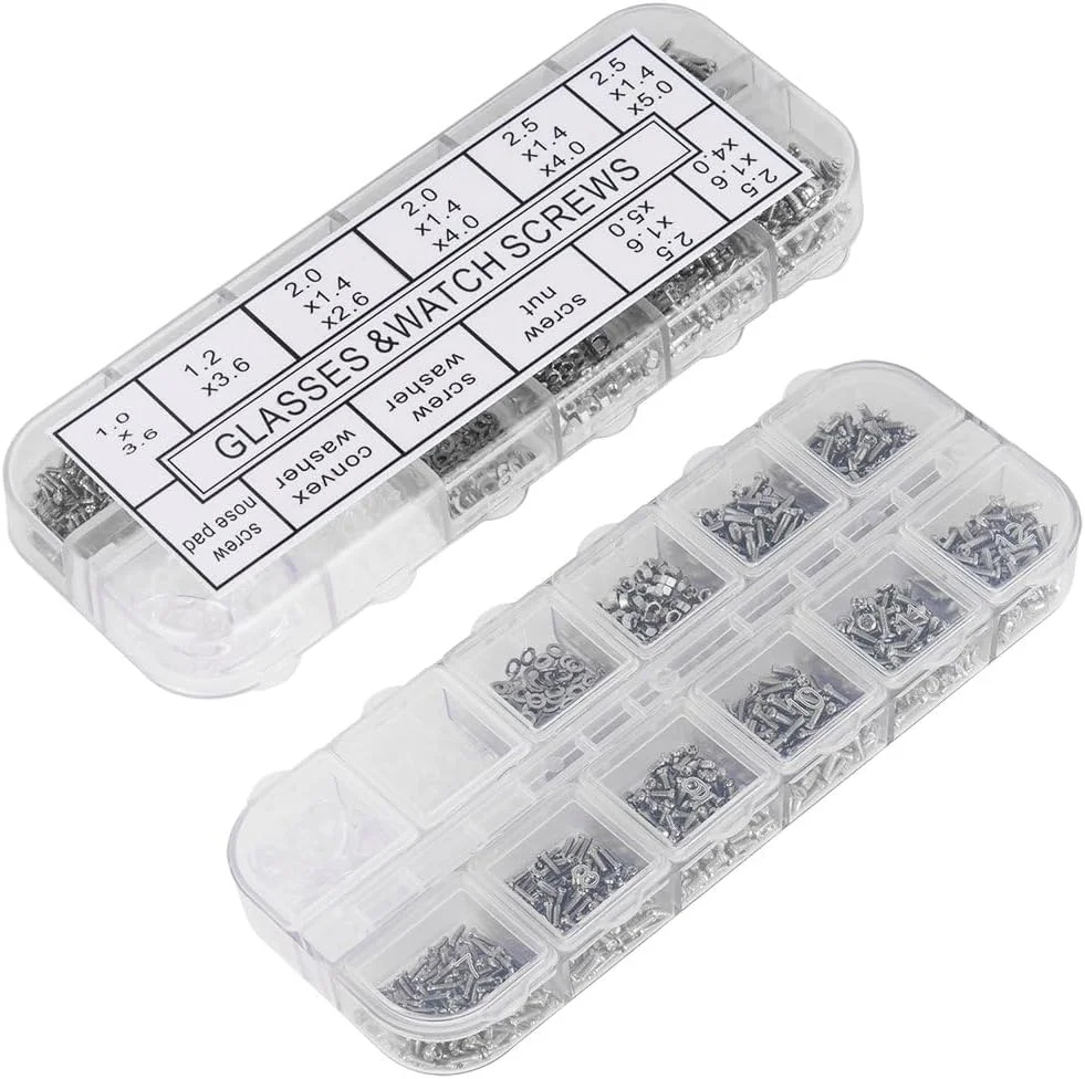 کیت تعمیر عینک 1100 عددی، پیچ های کوچک عینک آفتابی، پیچ های عینک و 5 جفت پد بینی به همراه پیچ گوشتی و موچین میکروسکوپی برای تعمیر ساعت و عینک