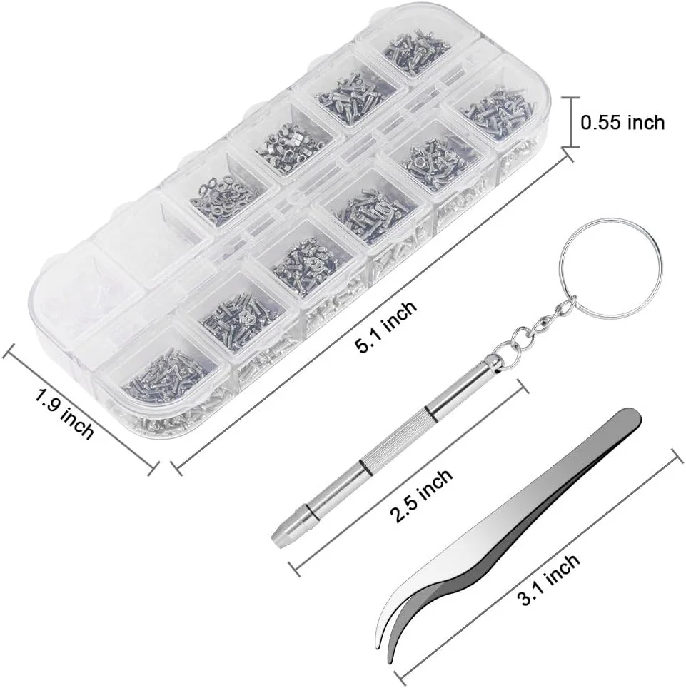 کیت تعمیر عینک 1100 عددی، پیچ های کوچک عینک آفتابی، پیچ های عینک و 5 جفت پد بینی به همراه پیچ گوشتی و موچین میکروسکوپی برای تعمیر ساعت و عینک