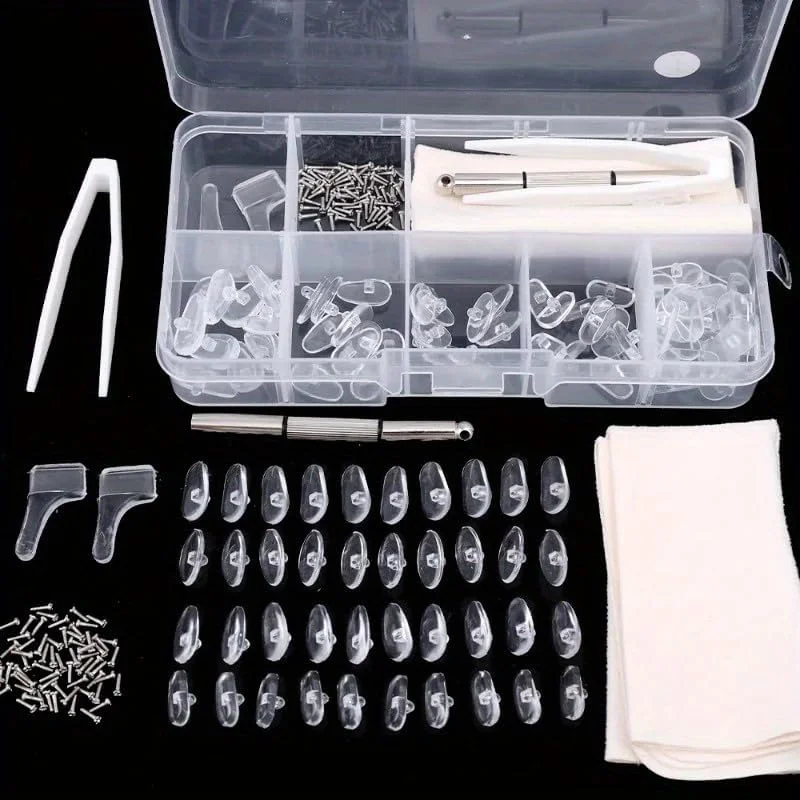 یک ست پد بینی عینک به همراه پیچ گوشتی، پدهای سیلیکونی نرم بیضی شکل ضد لغزش، قلاب گوشی و پیچ، ابزار تعمیر و تعویض شیشه عینک (ست B)