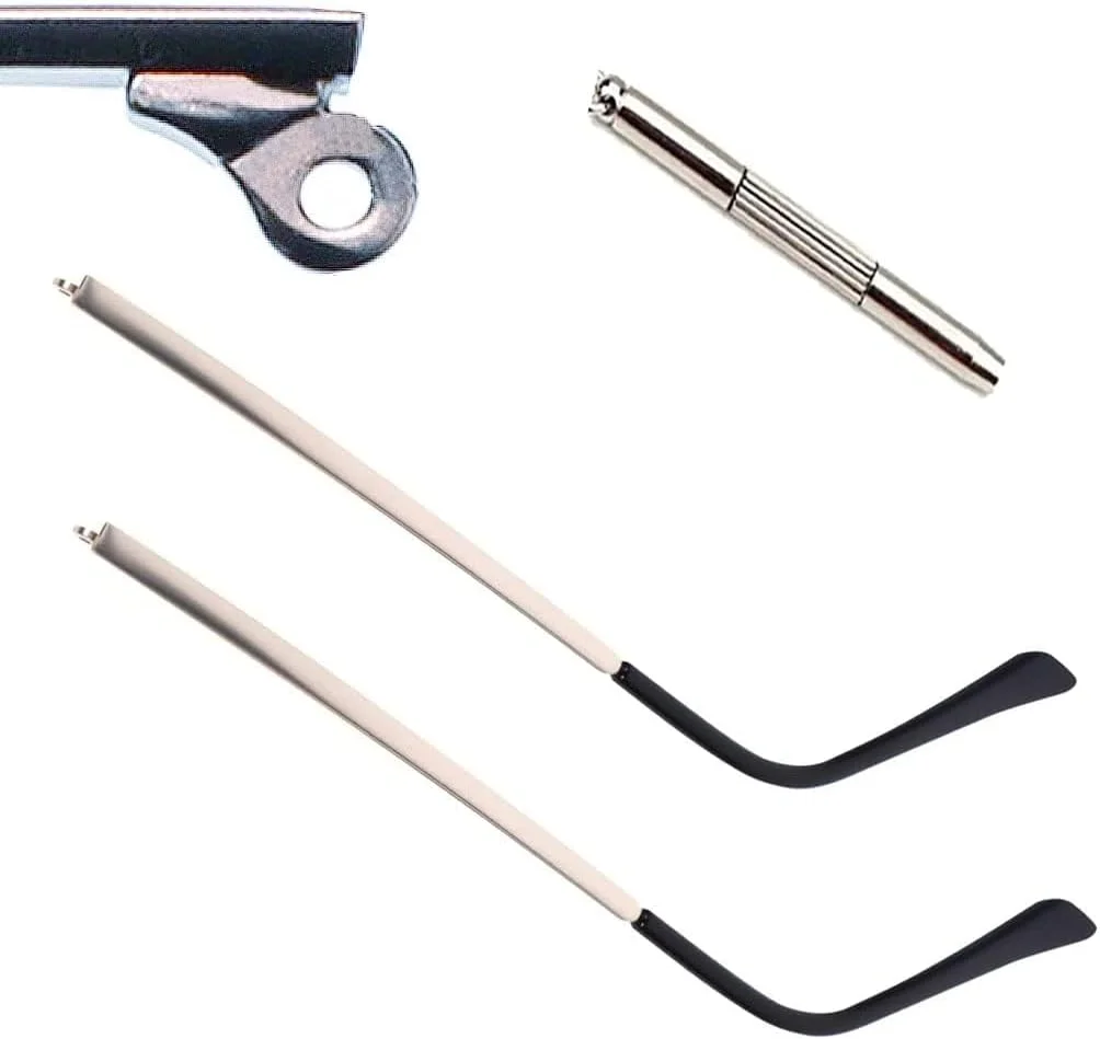 یک جفت دسته فلزی جایگزین عینک، دسته های جایگزین مشکی عینک، بازوهای عینک، پیچ ها، واشرهای پیچ و گوشتی 3 در 1 دندانه محدب تک دندانه (عرض دسته 3.8 میلی متر)