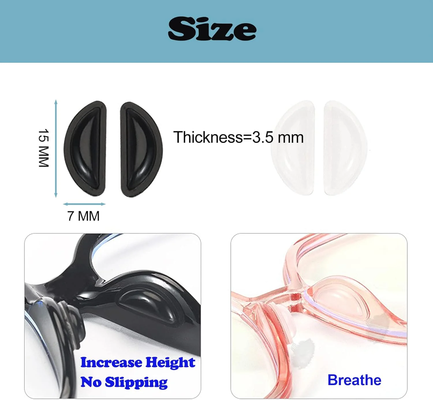 پدهای بینی عینک، ضخامت 3.5 میلی‌متر، ضد لغزش، دارای کیسه هوا برای عینک آفتابی، عینک طبی و عینک مطالعه (10 جفت، مشکی)
