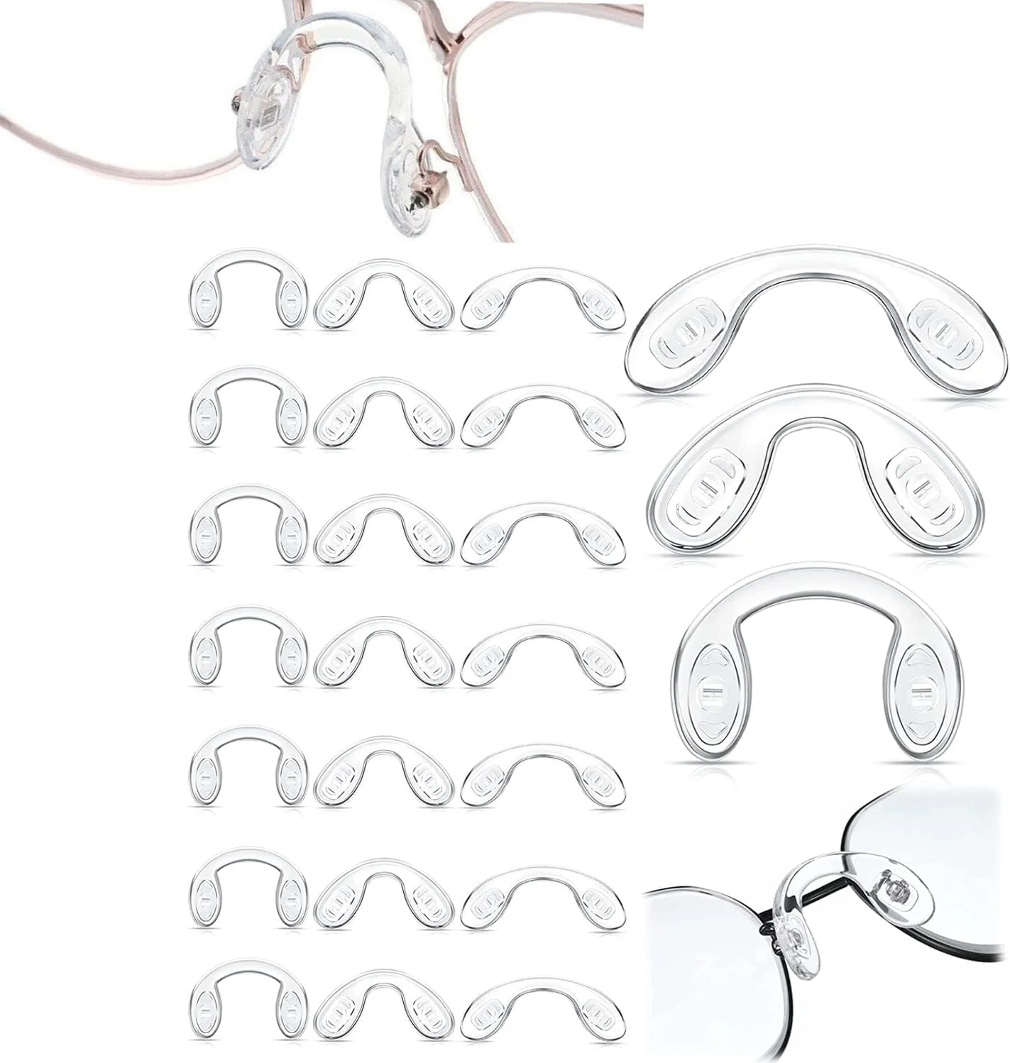 24 عدد پد بینی عینک U شکل، پد بینی سیلیکونی پل زین اسبی بند عینک پیچ دار در 3 سایز 42 میلی متر، 32 میلی متر، 28 میلی متر، ابزار تثبیت عینک ضد لغزش و ضد افتادن شفاف برای کودکان و بزرگسالان