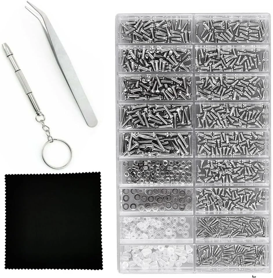 مجموعه 1000 عددی لوازم تعمیر عینک آفتابی و طبی، شامل پیچ های عینک در 14 سایز مختلف، به همراه پیچ گوشتی و موچین کوچک برای تعمیر ساعت و عینک