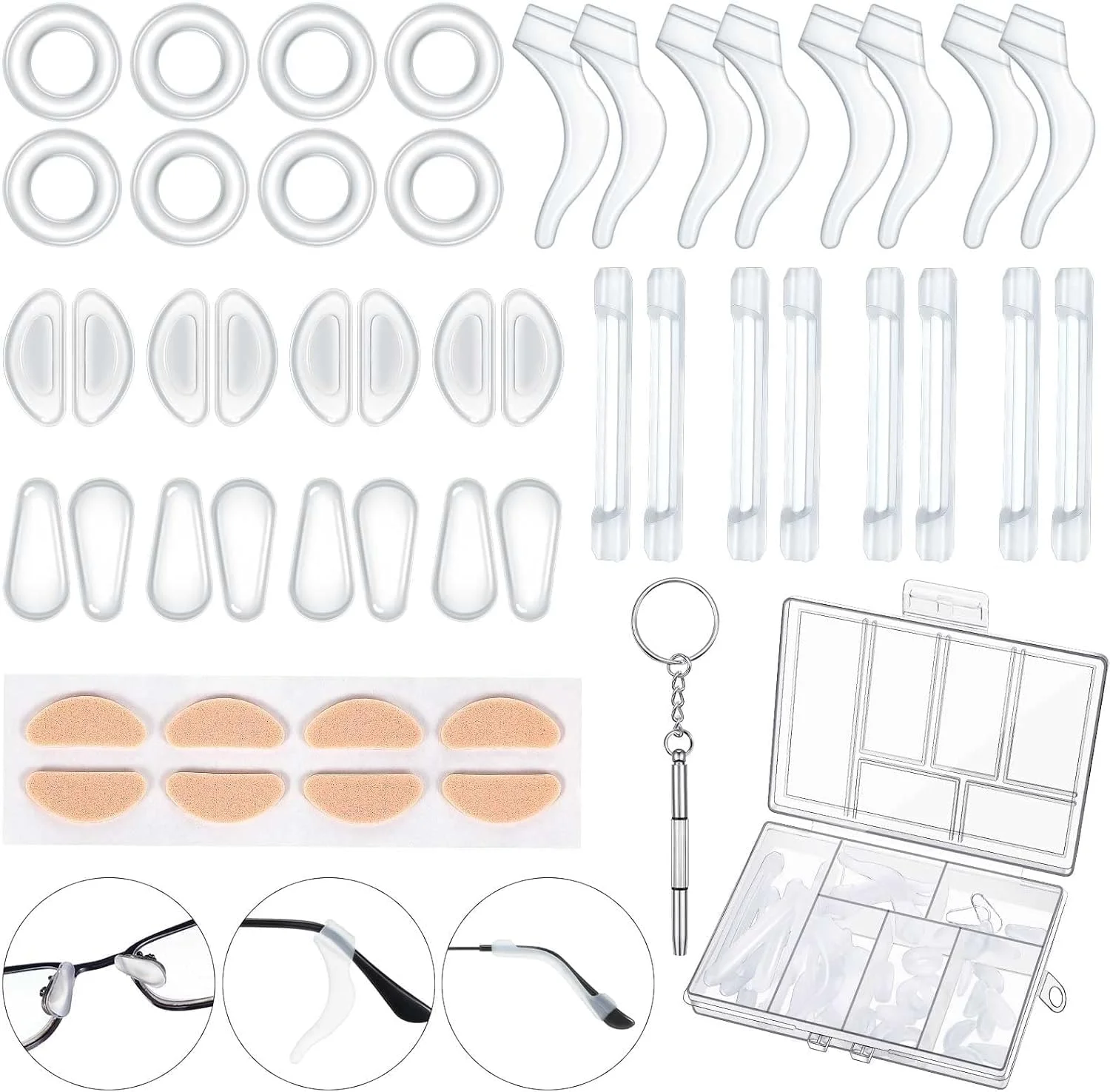 مجموعه نگهدارنده عینک یلاجوی 50 عددی، 12 جفت پد بینی چسبی ضد لغزش عینک، 4 گیره گرد گوشی، 4 نگهدارنده قلاب گوشی سیلیکونی، 4 روکش دسته عینک برای تعمیر (شفاف)