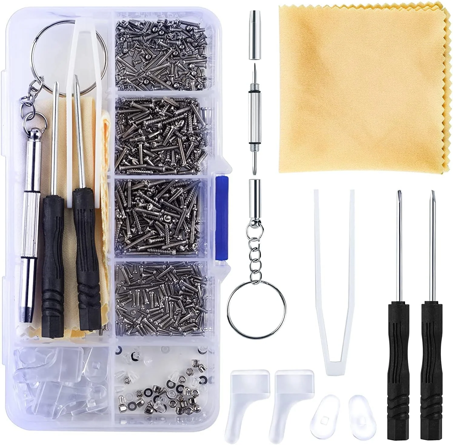 جعبه ابزار تعمیر عینک TERRIFI، مجموعه 550 عددی پیچ عینک با مینی پیچ گوشتی، مهره پیچ، پدهای بینی سیلیکونی، موچین، دستمال عینک جعبه ابزار تعمیر عینک TERRIFI، مجموعه 550 عددی پیچ عینک با مینی پیچ گوشتی، مهره پیچ، پدهای بینی سیلیکونی، موچین، دستمال عینک