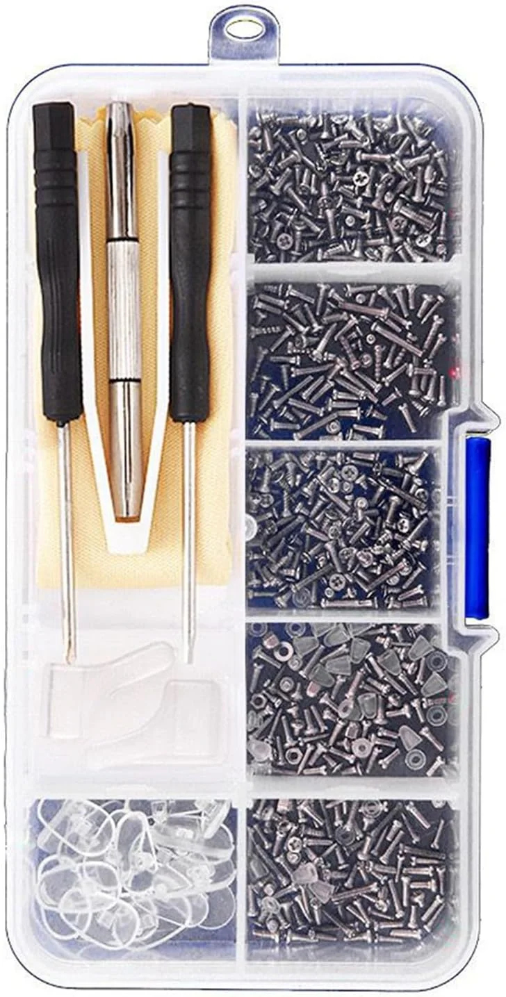 جعبه ابزار تعمیر عینک 1000 تکه شامل پیچ گوشتی، پدهای بینی، موچین، دستمال عینک، پیچ های کوچک، مناسب برای تعمیر عینک طبی، آفتابی و اپتیکال