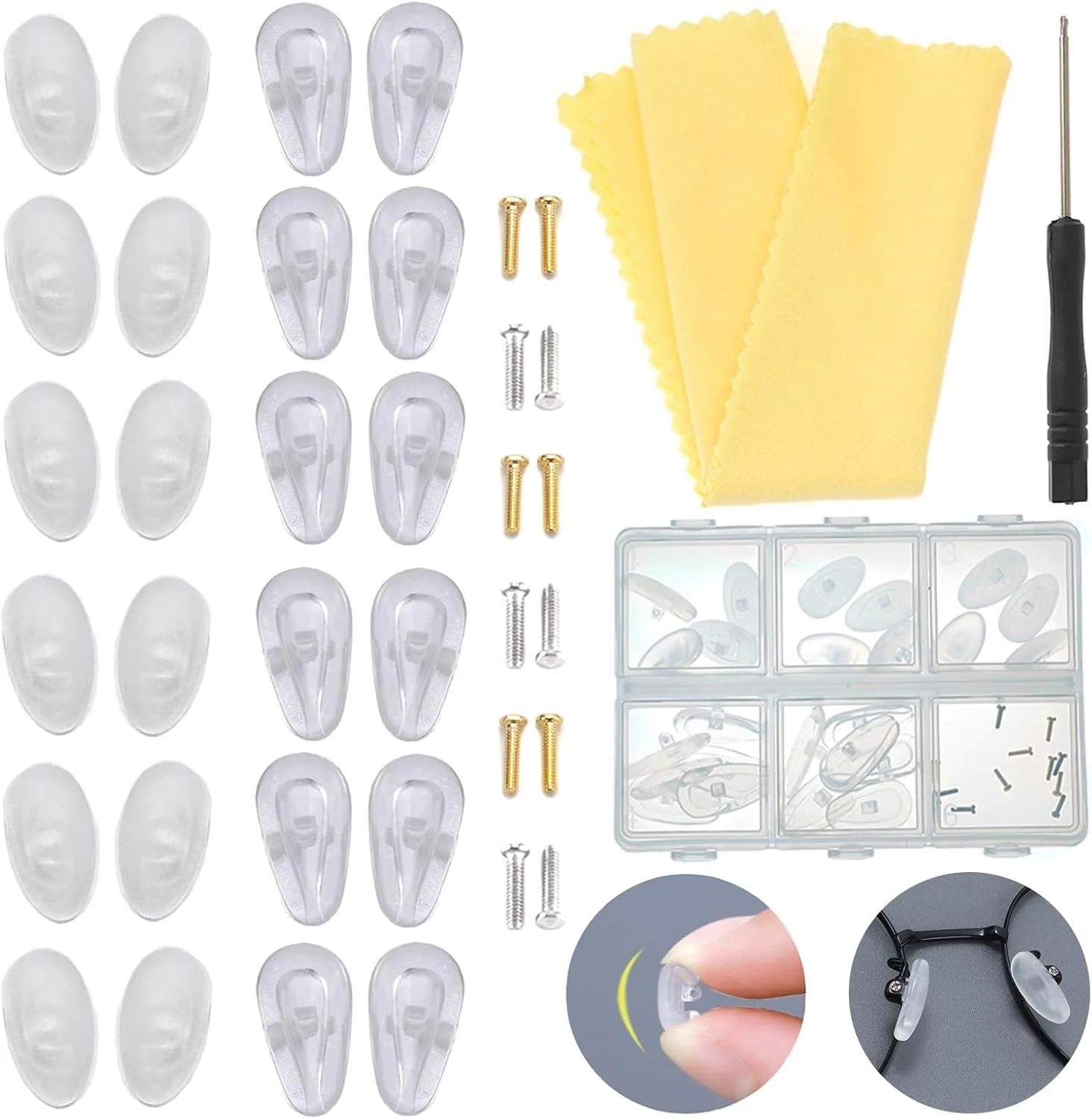 پدهای بینی عینک، 12 جفت پد سیلیکونی نرم و ژلهای و محفظه هوا، کیت جایگزینی پد بینی عینک با پیچهای عینک طلایی و نقرهای، پیچ گوشتی، پارچه عینک پدهای بینی عینک، 12 جفت پد سیلیکونی نرم و ژلهای و محفظه هوا، کیت جایگزینی پد بینی عینک با پیچهای عینک طلایی و نقرهای، پیچ گوشتی، پارچه عینک