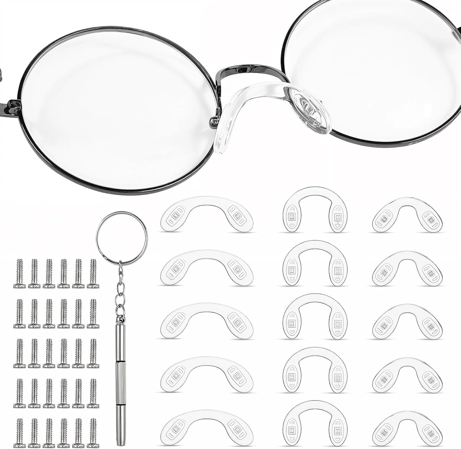 کیت جایگزینی پدهای بینی عینک سیلیکونی 15 عددی، پدهای بینی ضد لغزش شفاف U شکل برای عینک و عینک آفتابی با پیچ و پیچ گوشتی، لوازم جانبی تعمیر عینک برای بزرگسالان