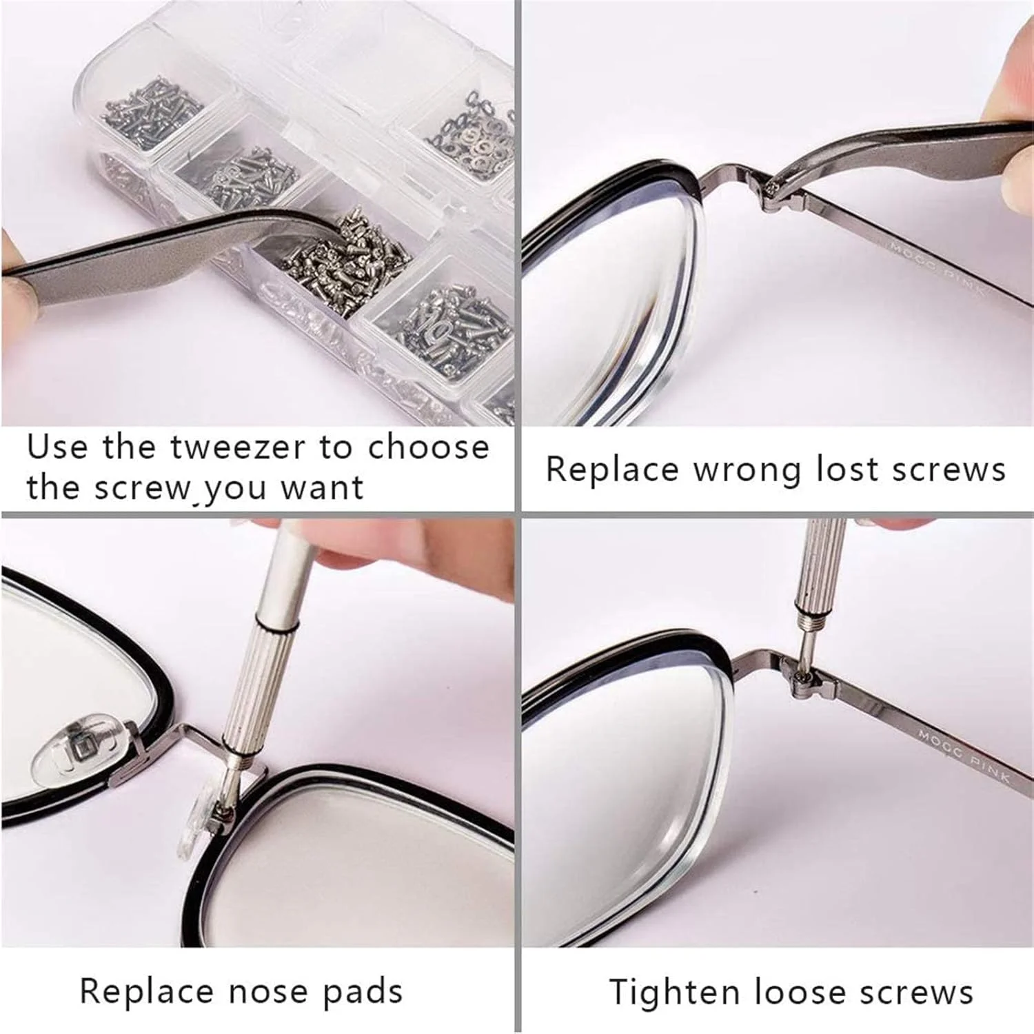 مجموعه تعمیر عینک آفتابی DELFINO، شامل ۱۱۰۰ عدد پیچ کوچک استیل ضد زنگ و ۵ جفت پد بینی به همراه پیچ گوشتی و موچین برای تعمیر ساعت، عینک و جواهرات مجموعه تعمیر عینک آفتابی DELFINO، شامل ۱۱۰۰ عدد پیچ کوچک استیل ضد زنگ و ۵ جفت پد بینی به همراه پیچ گوشتی و موچین برای تعمیر ساعت، عینک و جواهرات