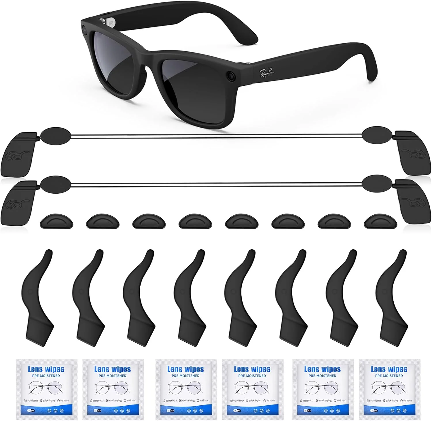 کیت لوازم جانبی عینک هوشمند برای Ray-Ban Meta Wayfarer/Headliner/Skyler شامل 4 جفت پد بینی، نگهدارنده های ضد لغزش گوش، 2 بند ضد افتادن، 6 عدد دستمال تمیز کننده لنز، 1 کیف عینک، پارچه عینک