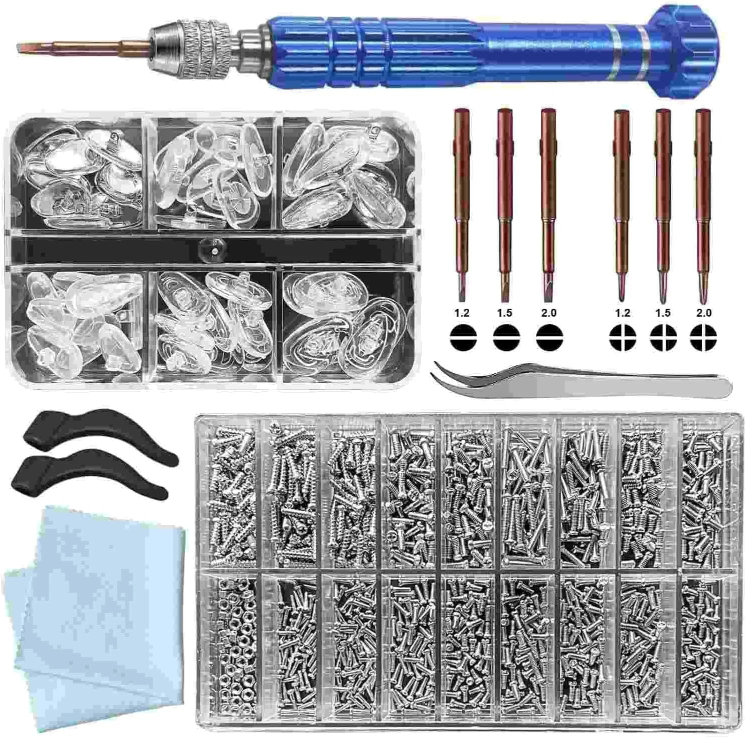 کیت تعمیر عینک حرفه ای - 18 پیچ دقیق با پدهای بینی و مینی پیچ گوشتی، مجموعه ابزار تعمیر عینک جمع و جور برای نگهداری عینک/عینک آفتابی، شامل جعبه پیچ قابل حمل
