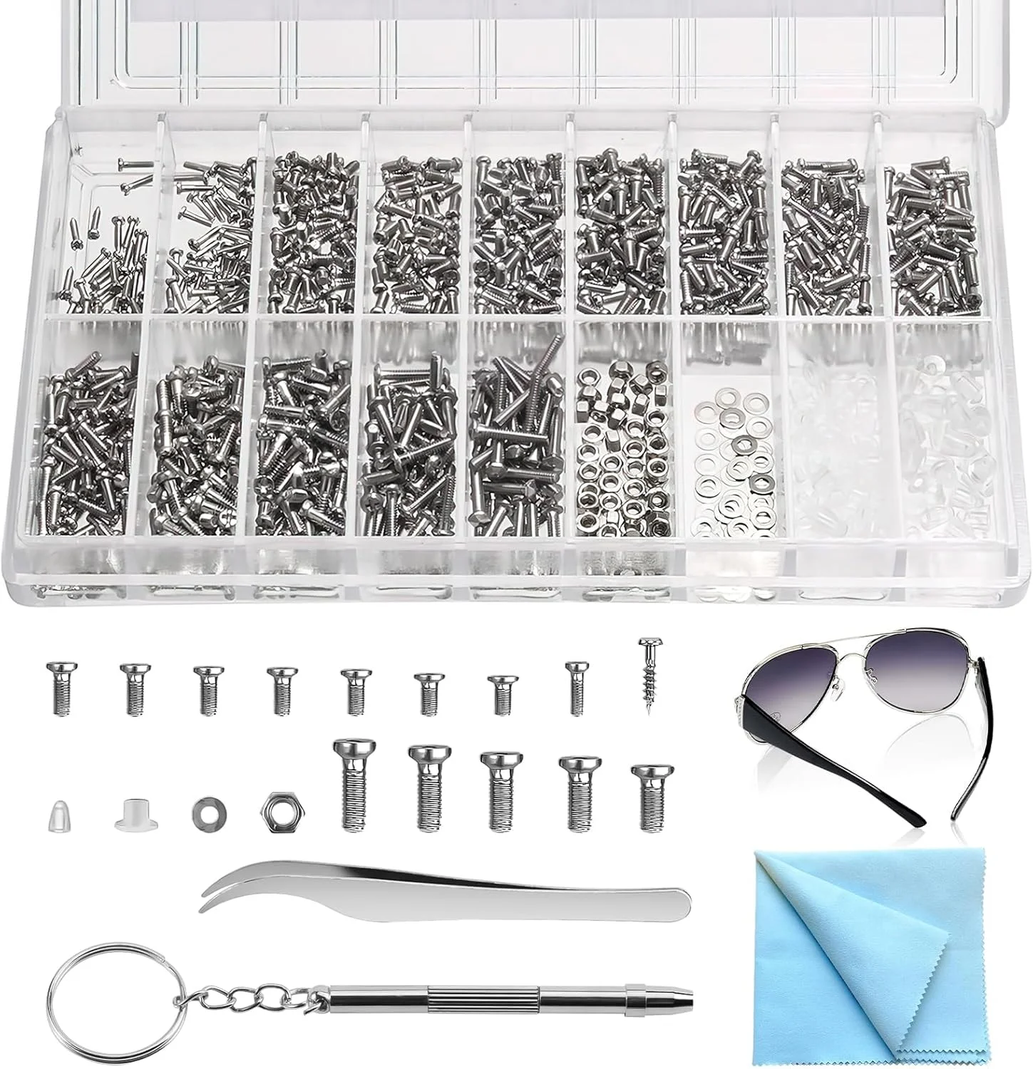 کیت تعمیر عینک 1000 تکه، پیچ های ریز و پیچ گوشتی، انبر دست، مهره و ابزار فولاد ضد زنگ برای عینک طبی، عینک آفتابی، ساعت مچی، ساعت دیواری