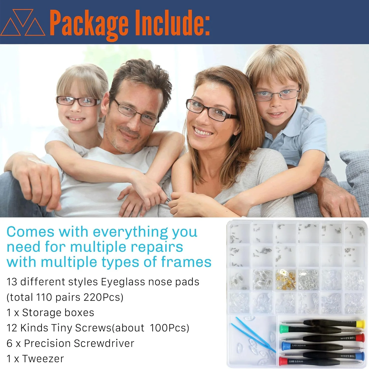 پدهای بینی عینک و کیت تعمیر عینک با مجموعه پیچ دقیق 110 جفت 330 عددی، جعبه پیچ فشرده ارتقا یافته، مجموعه ابزار پیچ گوشتی دقیق و موچین برای عینک، عینک آفتابی، تعمیر ساعت