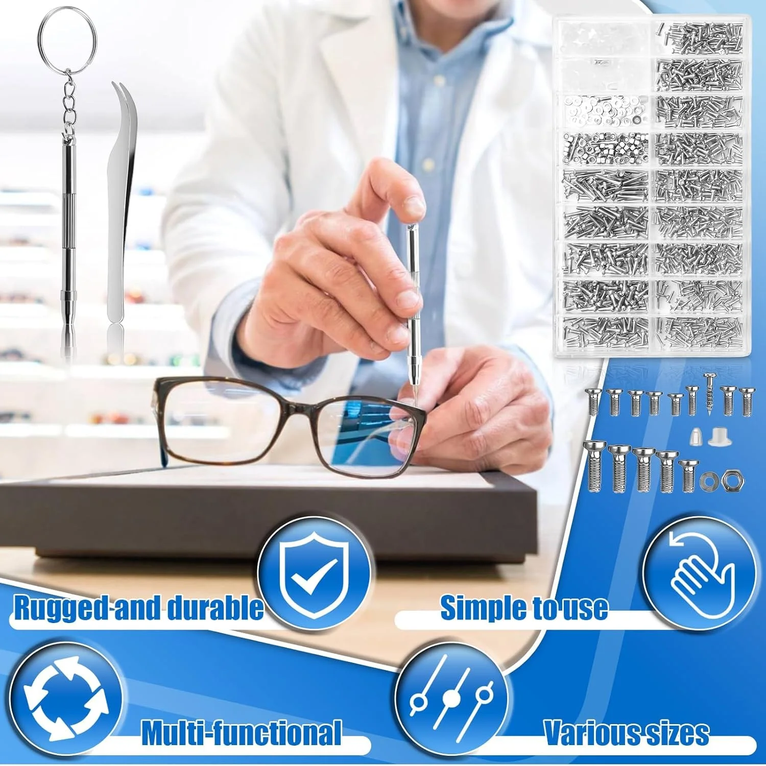 کیت تعمیر عینک 1000 تکه، پیچ های ریز و پیچ گوشتی، انبر دست، مهره و ابزار فولاد ضد زنگ برای عینک طبی، عینک آفتابی، ساعت مچی، ساعت دیواری