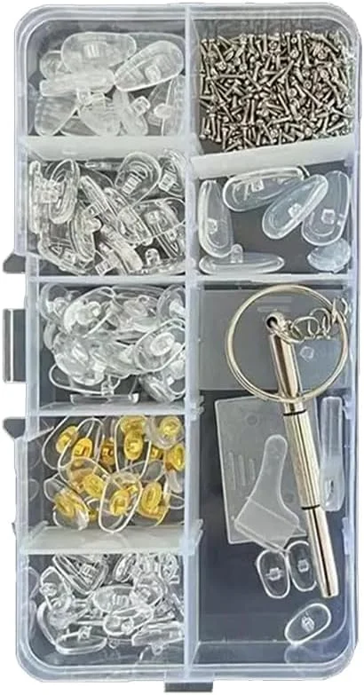 کیت تعمیر عینک مغناطیسی ارتقا یافته - شامل جعبه پیچ فشرده، پدهای بینی، پیچ ها، موچین برای عینک، عینک آفتابی و ساعت