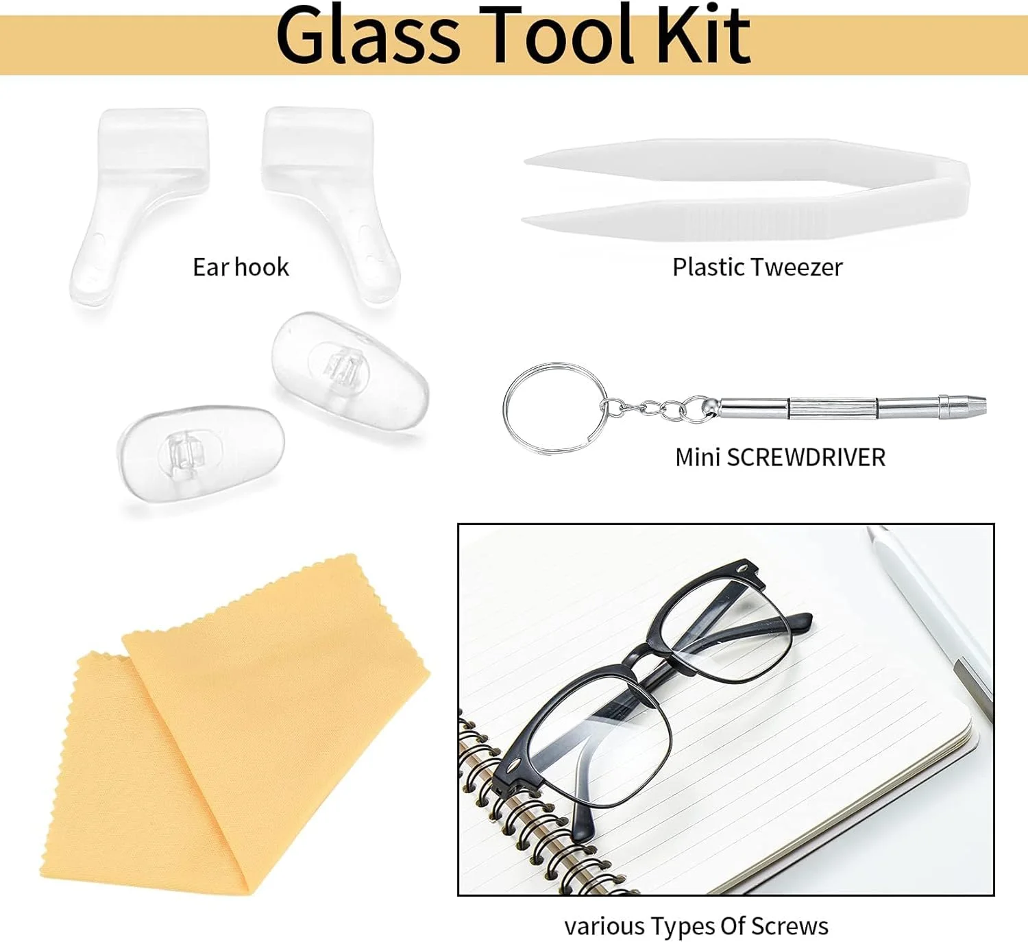 مجموعه تعمیر عینک NALACAL، شامل پیچ گوشتی، پد بینی عینک، دستمال عینک، موچین، مناسب برای عینک، ساعت، مجموعه تعمیر - 500 قطعه مجموعه تعمیر عینک NALACAL، شامل پیچ گوشتی، پد بینی عینک، دستمال عینک، موچین، مناسب برای عینک، ساعت، مجموعه تعمیر - 500 قطعه