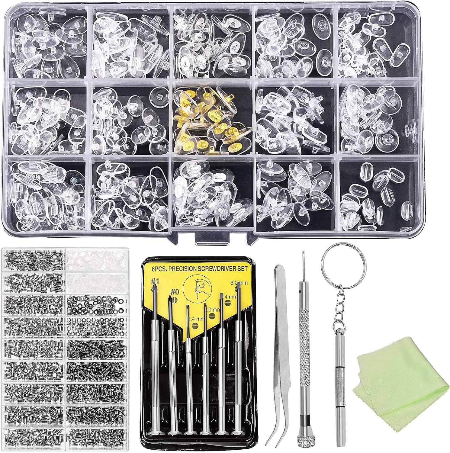 مجموعه تعمیر عینک Swpeet نسخه ارتقا یافته 1310 تکه شامل پدهای بینی، مجموعه پیچ گوشتی دقیق، پیچ، موچین، پارچه تمیز کننده برای عینک طبی، عینک آفتابی، ساعت مجموعه تعمیر عینک Swpeet نسخه ارتقا یافته 1310 تکه شامل پدهای بینی، مجموعه پیچ گوشتی دقیق، پیچ، موچین، پارچه تمیز کننده برای عینک طبی، عینک آفتابی، ساعت