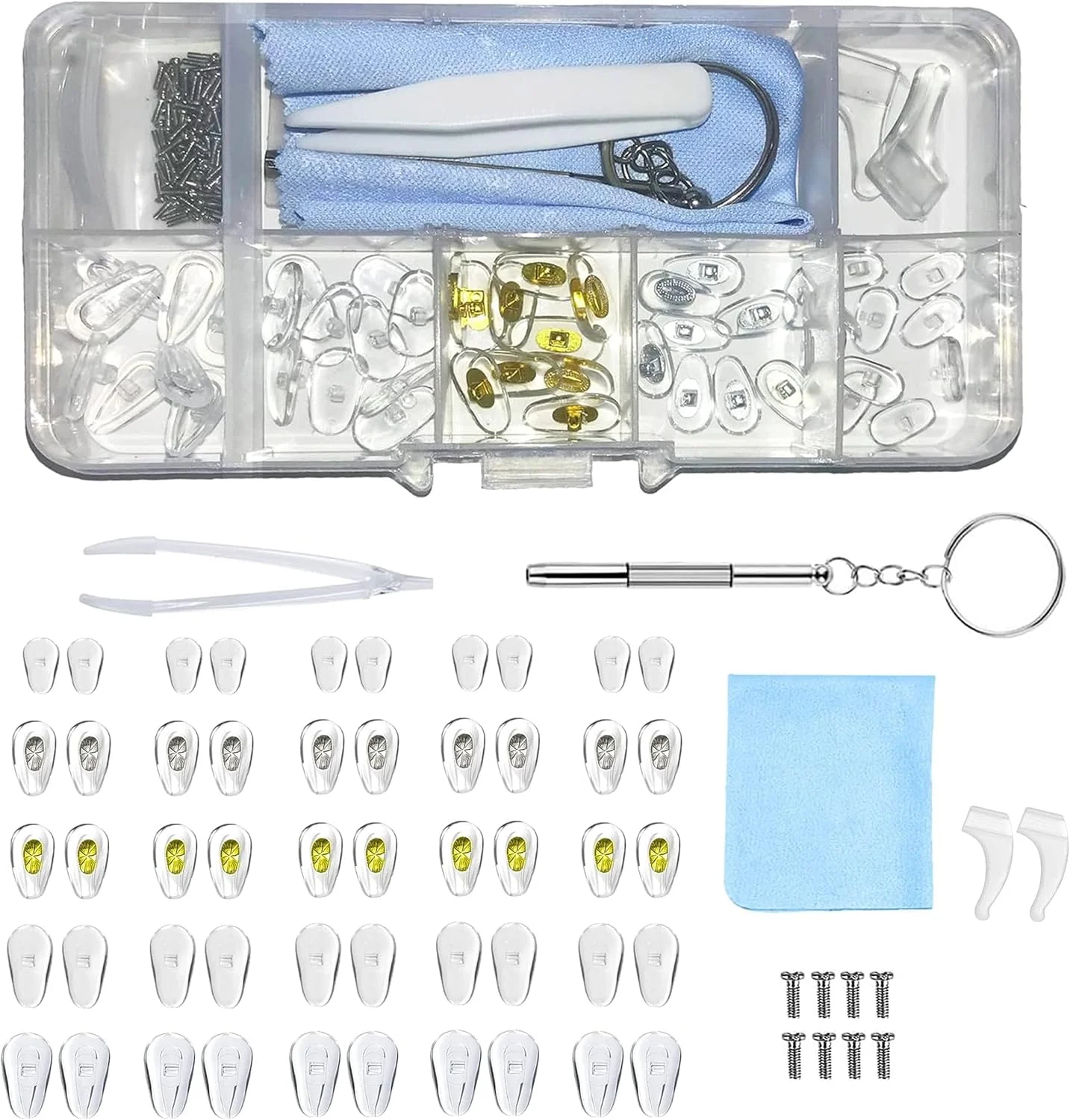 کیت تعمیر عینک 50 عددی، 25 جفت پد بینی سیلیکونی فشاری عینک، پد بینی برای عینک های فشاری، پیچ عینک سیلیکونی PVC، موچین، پارچه آینه، کیت تعمیر عینک کیت تعمیر عینک 50 عددی، 25 جفت پد بینی سیلیکونی فشاری عینک، پد بینی برای عینک های فشاری، پیچ عینک سیلیکونی PVC، موچین، پارچه آینه، کیت تعمیر عینک