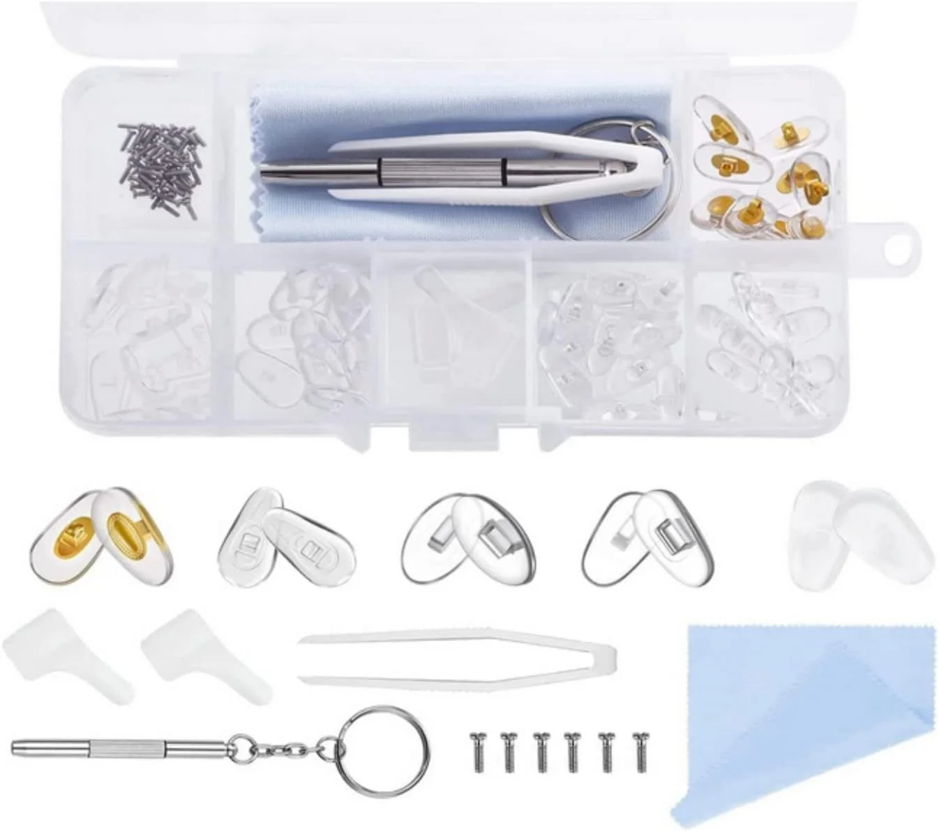 25 جفت پد بینی عینک SKEIDO سیلیکونی پیچی ضد لغزش به همراه پیچ گوشتی، موچین و دستمال تمیز کننده