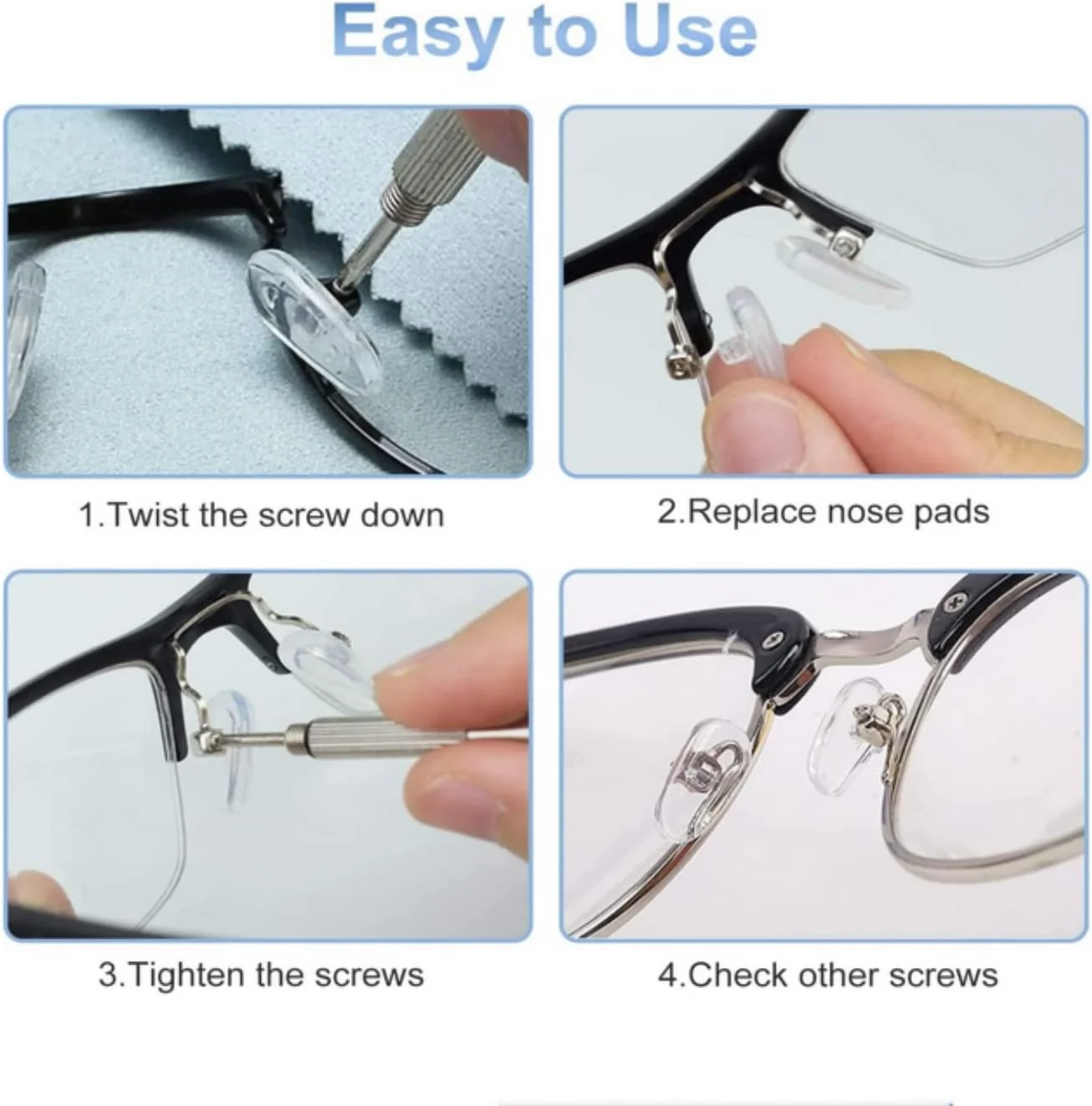 25 جفت پد بینی عینک SKEIDO سیلیکونی پیچی ضد لغزش به همراه پیچ گوشتی، موچین و دستمال تمیز کننده