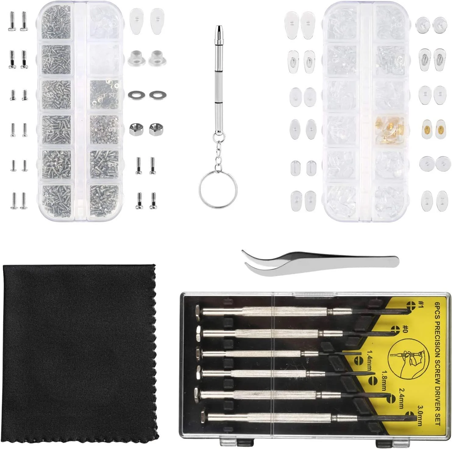 مجموعه ابزار تعمیر عینک Azonee، ابزار تعمیر عینک با پیچ و پد بینی عینک، مجموعه پیچ گوشتی دقیق، پارچه تمیز کننده و موچین، مناسب برای عینک، تلفن های همراه، ساعت