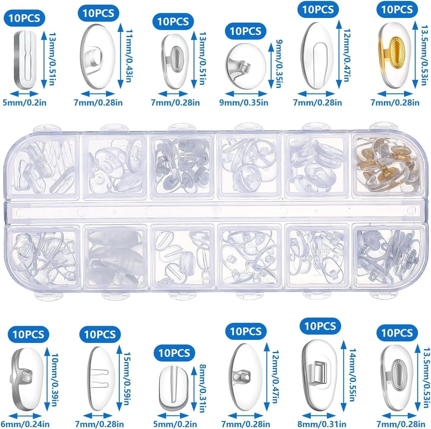 پدهای بینی عینک، 60 جفت پد بینی عینک ضد لغزش سیلیکونی نرم، کیت تعمیر عینک برای تعویض پد بینی و تعمیر عینک (12 مدل)