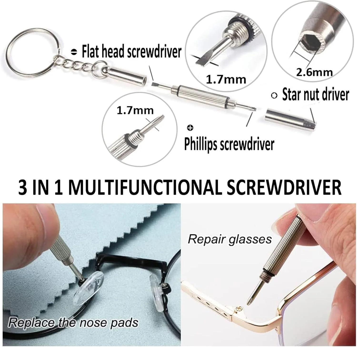 مجموعه تعمیر عینک THE WHITE SHOP شامل پیچ های ریز، مهره، پیچ گوشتی و موچین برای تعمیر عینک، عینک آفتابی و ساعت