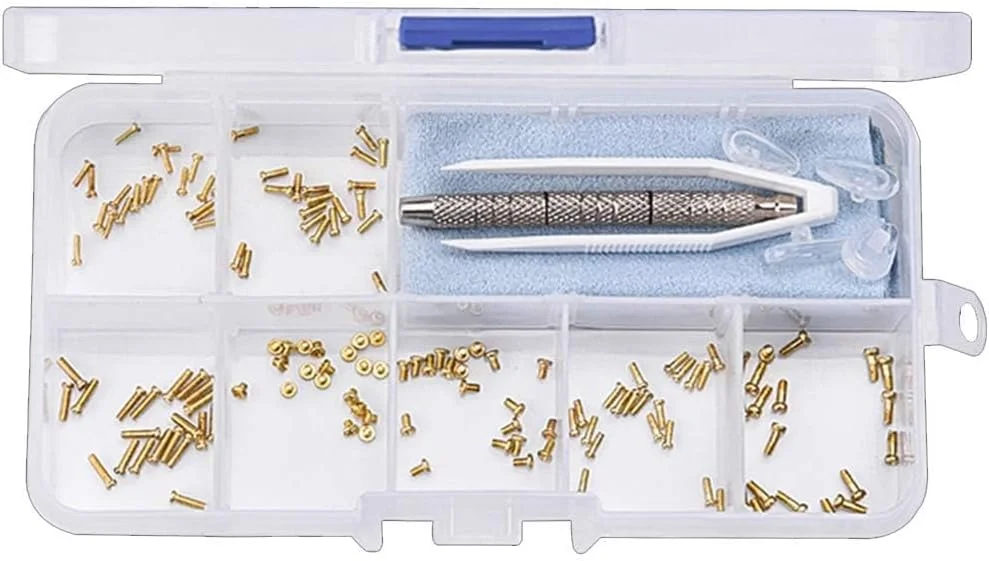 مجموعه تعمیر عینک Azonee، ابزار تعمیر عینک، 140 عدد پیچ های ریز استیل طلایی و 2 جفت پد بینی به همراه پیچ گوشتی و موچین برای تعمیر ساعت و عینک