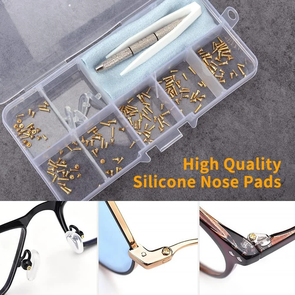 مجموعه تعمیر عینک Azonee، ابزار تعمیر عینک، 140 عدد پیچ های ریز استیل طلایی و 2 جفت پد بینی به همراه پیچ گوشتی و موچین برای تعمیر ساعت و عینک