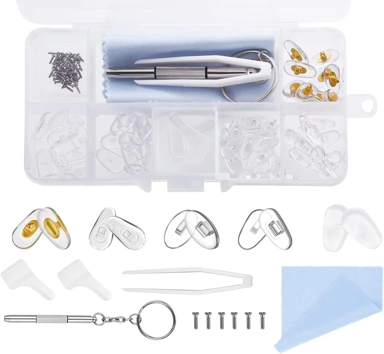 پدهای بینی چسبی عینک MAKINGTEC، 25 جفت پد بینی عینک سیلیکونی پیچی، پد بینی ضد لغزش، کیت تعمیر عینک با پیچ، پیچ گوشتی، موچین و پارچه تمیز کننده