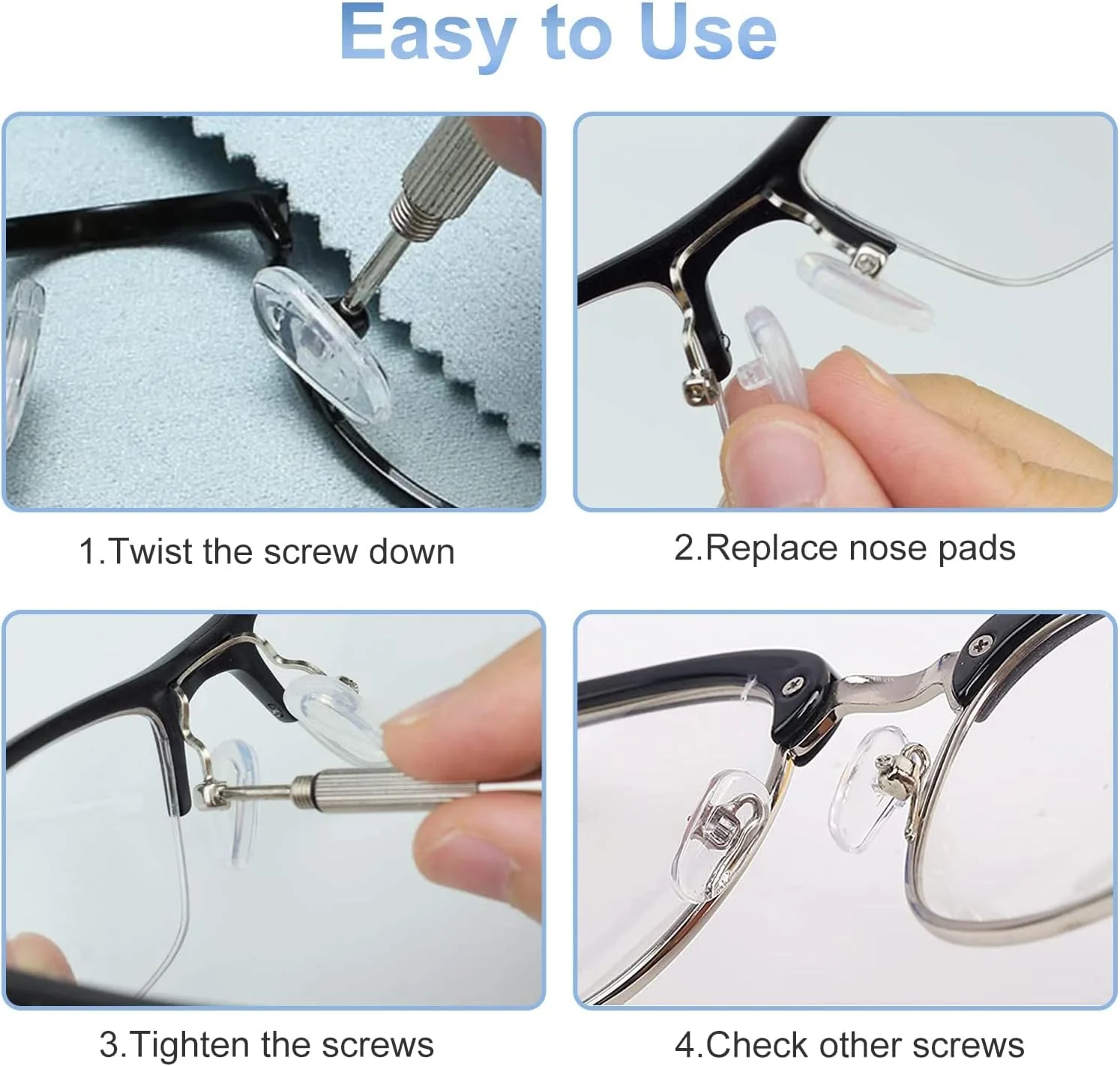 پدهای بینی چسبی عینک MAKINGTEC، 25 جفت پد بینی عینک سیلیکونی پیچی، پد بینی ضد لغزش، کیت تعمیر عینک با پیچ، پیچ گوشتی، موچین و پارچه تمیز کننده