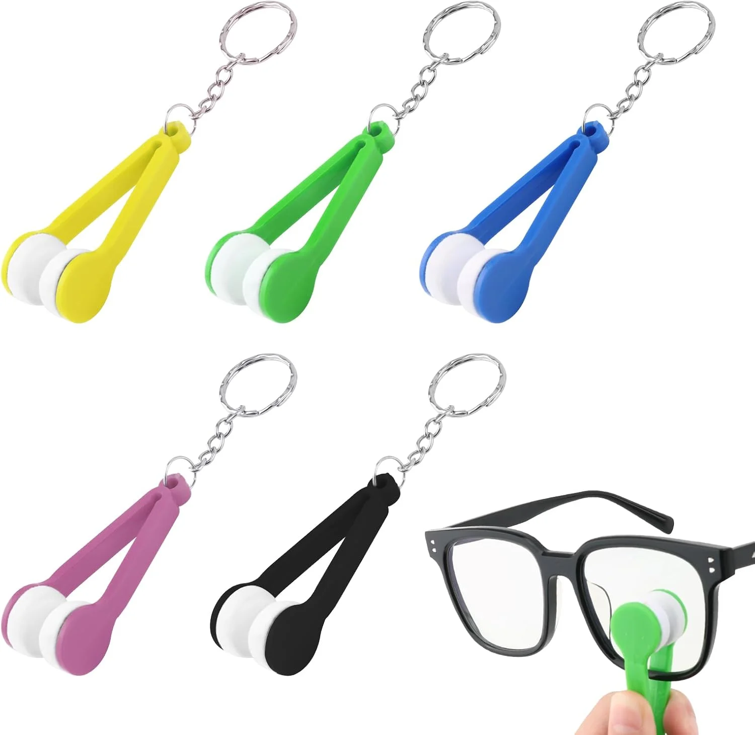 ابزار تمیز کننده عینک 5 عددی، مینی تمیز کننده عینک آفتابی با پارچه میکروفیبر و جاکلیدی، گیره پارچه نرم برای عینک آفتابی، تمیز کننده سطح لنز عینک