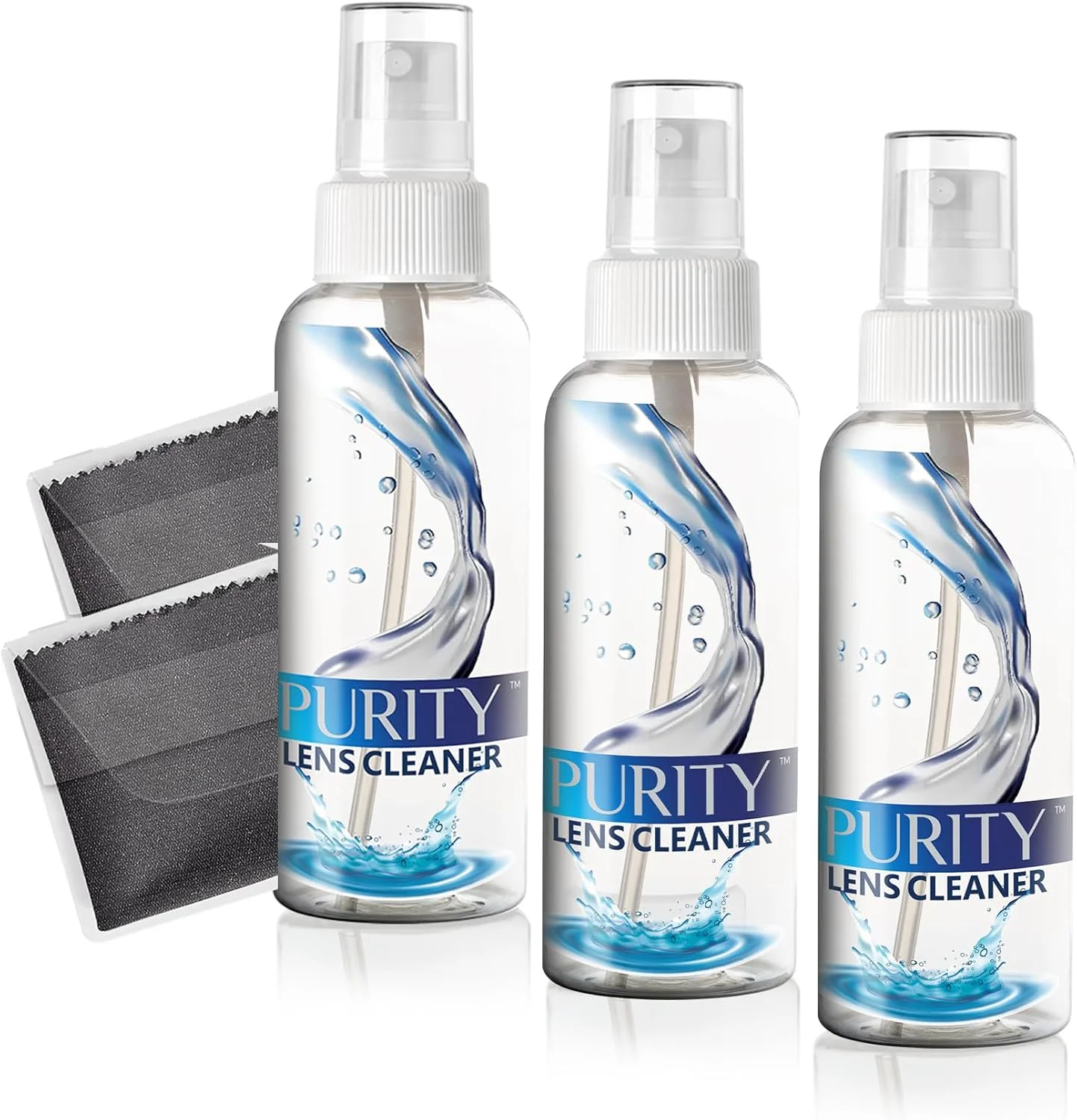 محلول پاک کننده لنز Purity - کیت تمیز کننده عینک - 3 عدد بطری اسپری مسافرتی 60 میلی لیتری + 2 عدد دستمال تمیز کننده میکروفیبر - ایمن برای همه لنزها (شامل AR پوشش دار)، عینک ها و صفحه نمایش ها - شفاف