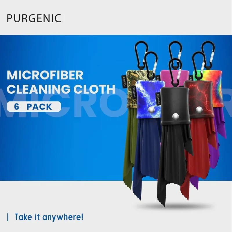 دستمال میکروفایبر تمیز کننده عینک و لنز - کیف پارچه ای با ته باز و کارابین - مقاوم در برابر آب - بسته 6 عددی - مناسب سطوح ظریف و اپتیک حساس - عینک، لنز دوربین، صفحه نمایش وسایل