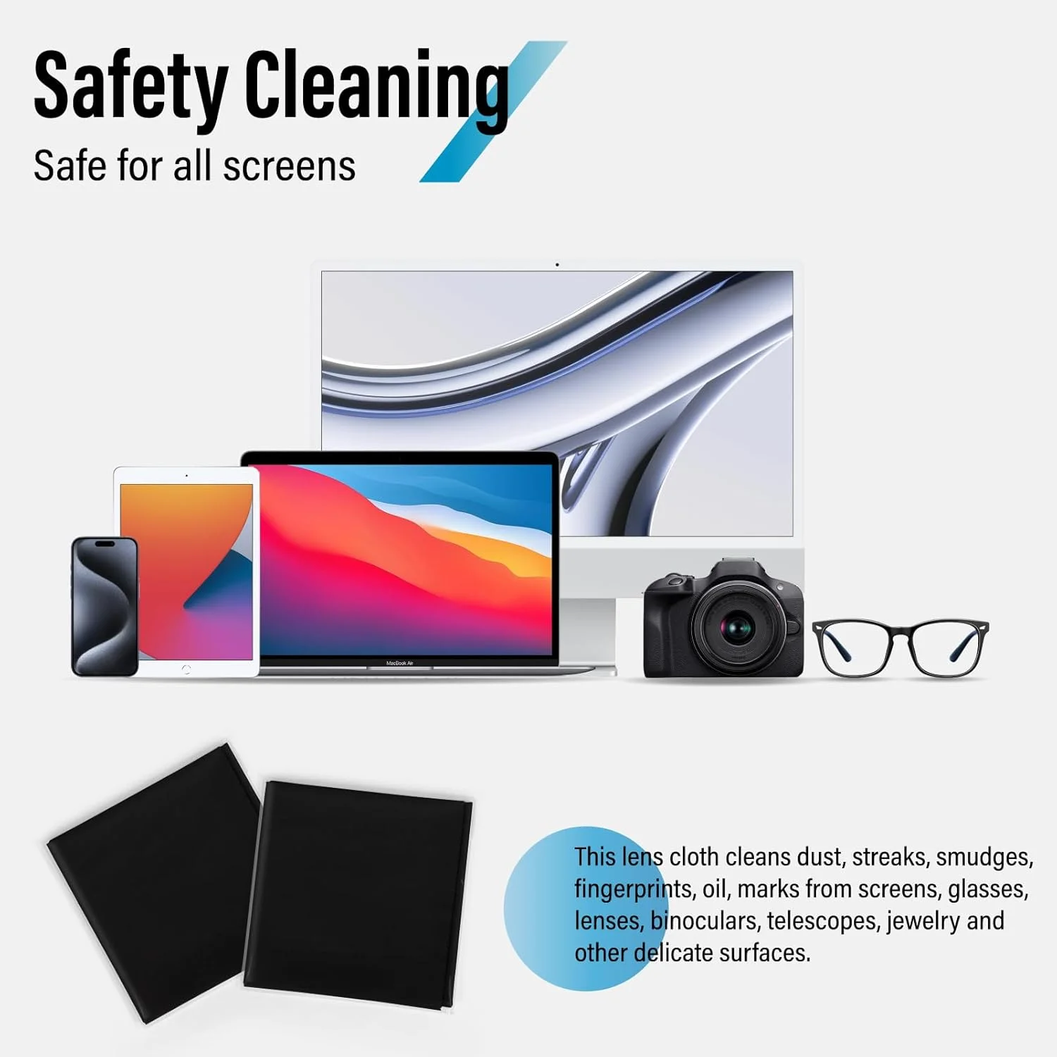 دستمال نظافت میکروفایبر بسیار بزرگ 40×40 سانتی متر مناسب عینک، جواهرات، صفحه نمایش الکترونیکی، قابل شستشو، لنز دوربین (مشکی 2 عدد)