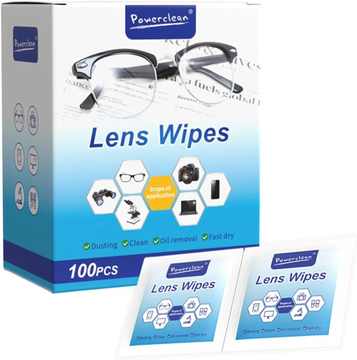 دستمال مرطوب تمیز کننده لنز، 100 عدد، بسته بندی تکی، بدون ایجاد خط و خش، بدون ایجاد لکه، مناسب برای عینک آفتابی، لنز دوربین، عینک محافظ و غیره
