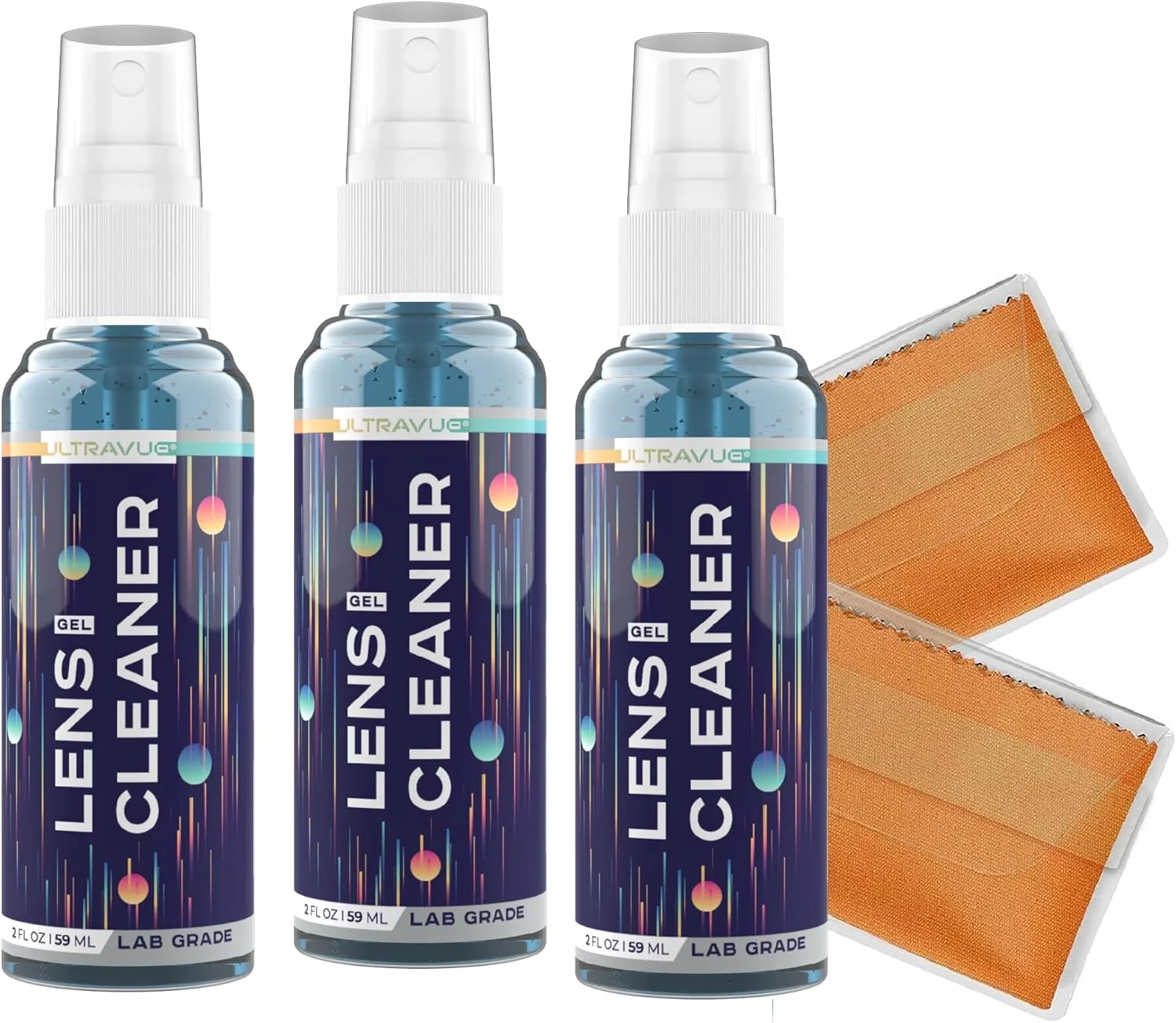 کیت تمیز کننده لنز ژلی - 3 عدد اسپری ژل تمیز کننده عینک سایز مسافرتی 2oz + 2 عدد دستمال تمیز کننده میکروفایبر - ایمن برای همه لنزها (شامل AR)، عینک و صفحه نمایش - کبالت