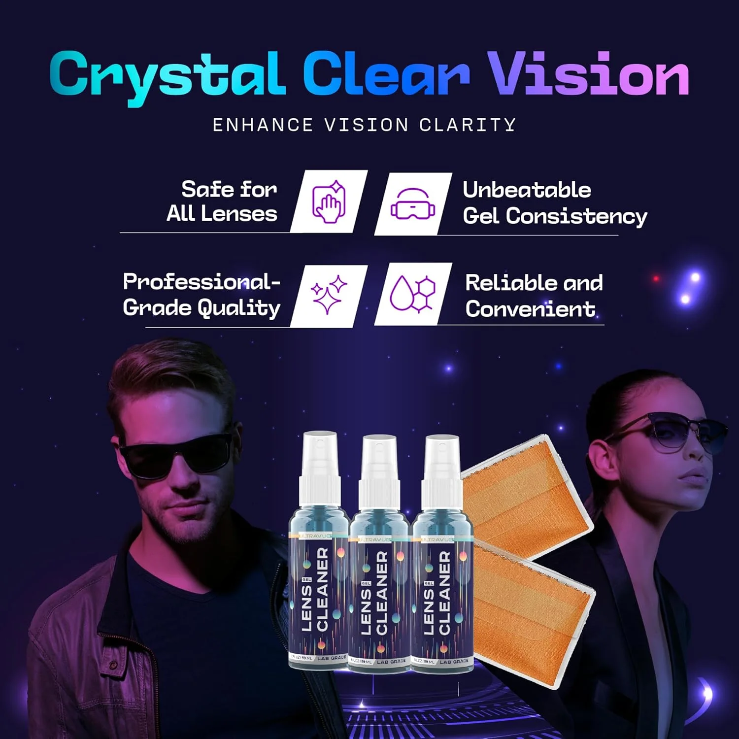 کیت تمیز کننده لنز ژلی - 3 عدد اسپری ژل تمیز کننده عینک سایز مسافرتی 2oz + 2 عدد دستمال تمیز کننده میکروفایبر - ایمن برای همه لنزها (شامل AR)، عینک و صفحه نمایش - کبالت