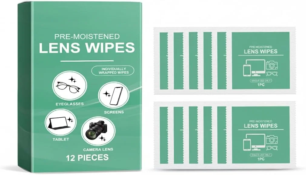 دستمال مرطوب پاک کننده لنز KASTWAVE برای عینک، 12 عدد - از پیش مرطوب شده، بدون ایجاد خط و خش، تمیز کننده بدون رگه برای عینک، عینک آفتابی، لنز دوربین و عینک محافظ