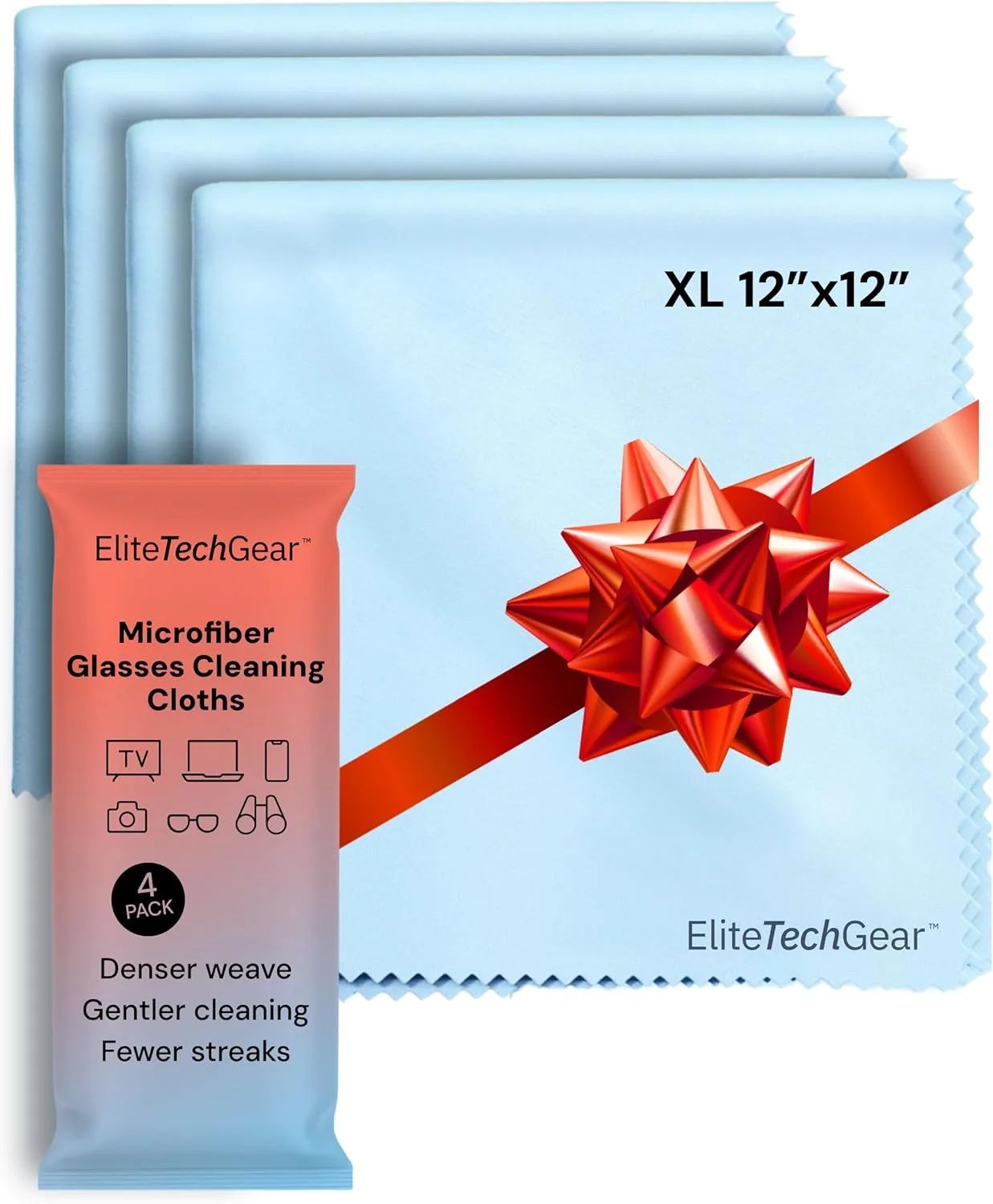 ست دستمال میکروفایبر ۴ عددی Elite Tech Gear - دستمال های تمیز کننده میکروفایبر فوق العاده - ایده آل برای تمیز کردن صفحه نمایش تمام دستگاه های الکترونیکی، عینک و سطوح ظریف، سایز بزرگ ۱۲ در ۱۲ اینچ
