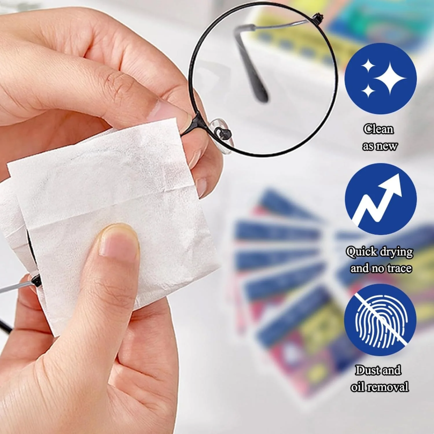 دستمال مرطوب تمیز کننده لنز عینک، تمیز کننده عینک بسته بندی جداگانه، دستمال مرطوب تمیز کننده لنز برای تمام سطوح نوری (100 عدد)