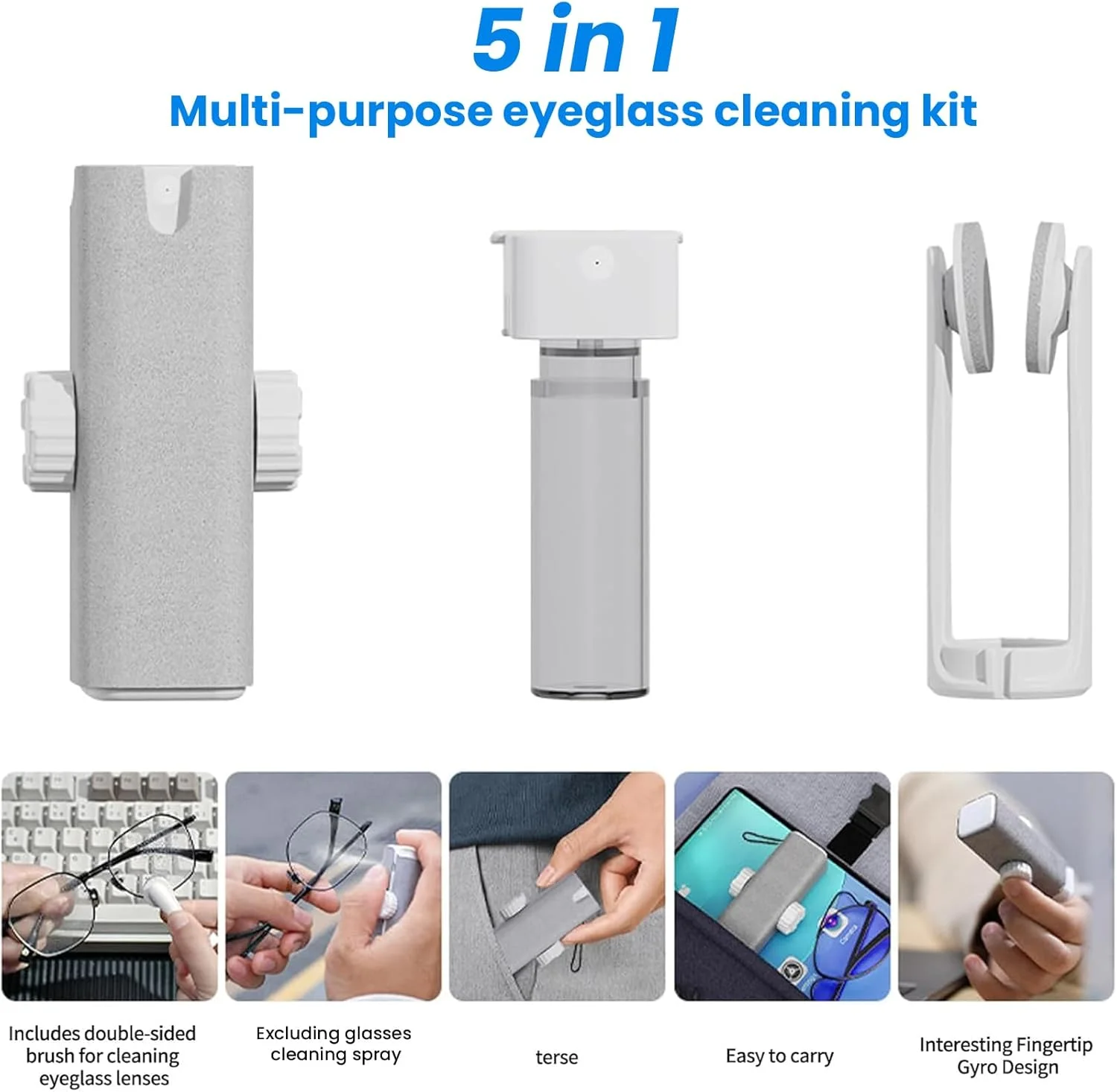 کیت تمیز کننده عینک، تمیز کننده چند منظوره عینک با اسپری و پارچه میکروفیبر، همه در 1 تمیز کننده عینک، کیت تمیز کننده عینک با گیره لنز، برای عینک آفتابی، عینک طبی، صفحه نمایش