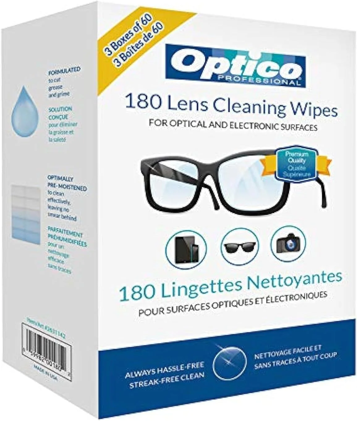 دستمال مرطوب حرفه ای Optico - تمیز کننده با کیفیت عالی برای عینک، صفحه نمایش و لنز دوربین - بدون نیاز به اسپری | 180 عدد دستمال