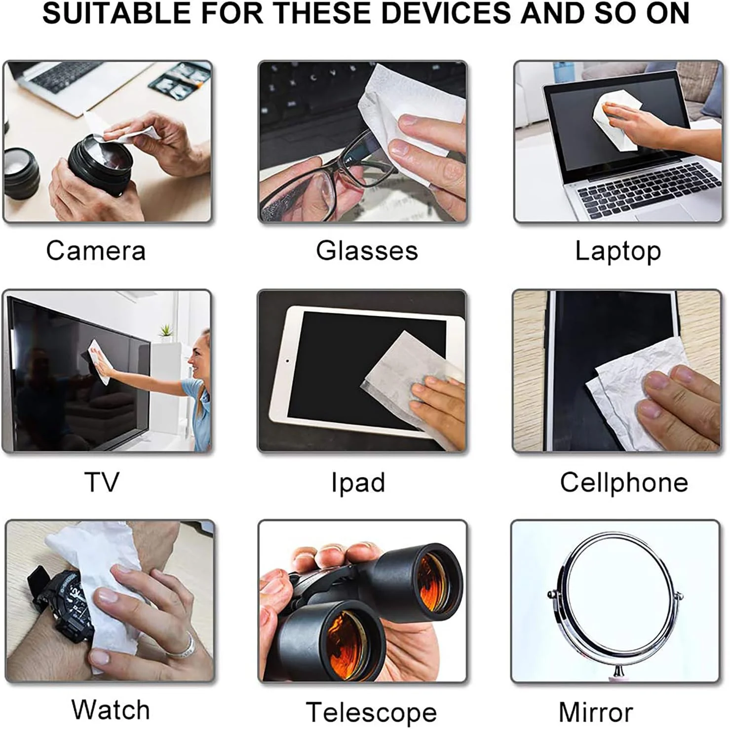 دستمال مرطوب لنز و صفحه نمایش برای عینک، دوربین، تبلت، تلفن هوشمند، صفحه نمایش و سایر سطوح ظریف، بسته 100 عددی