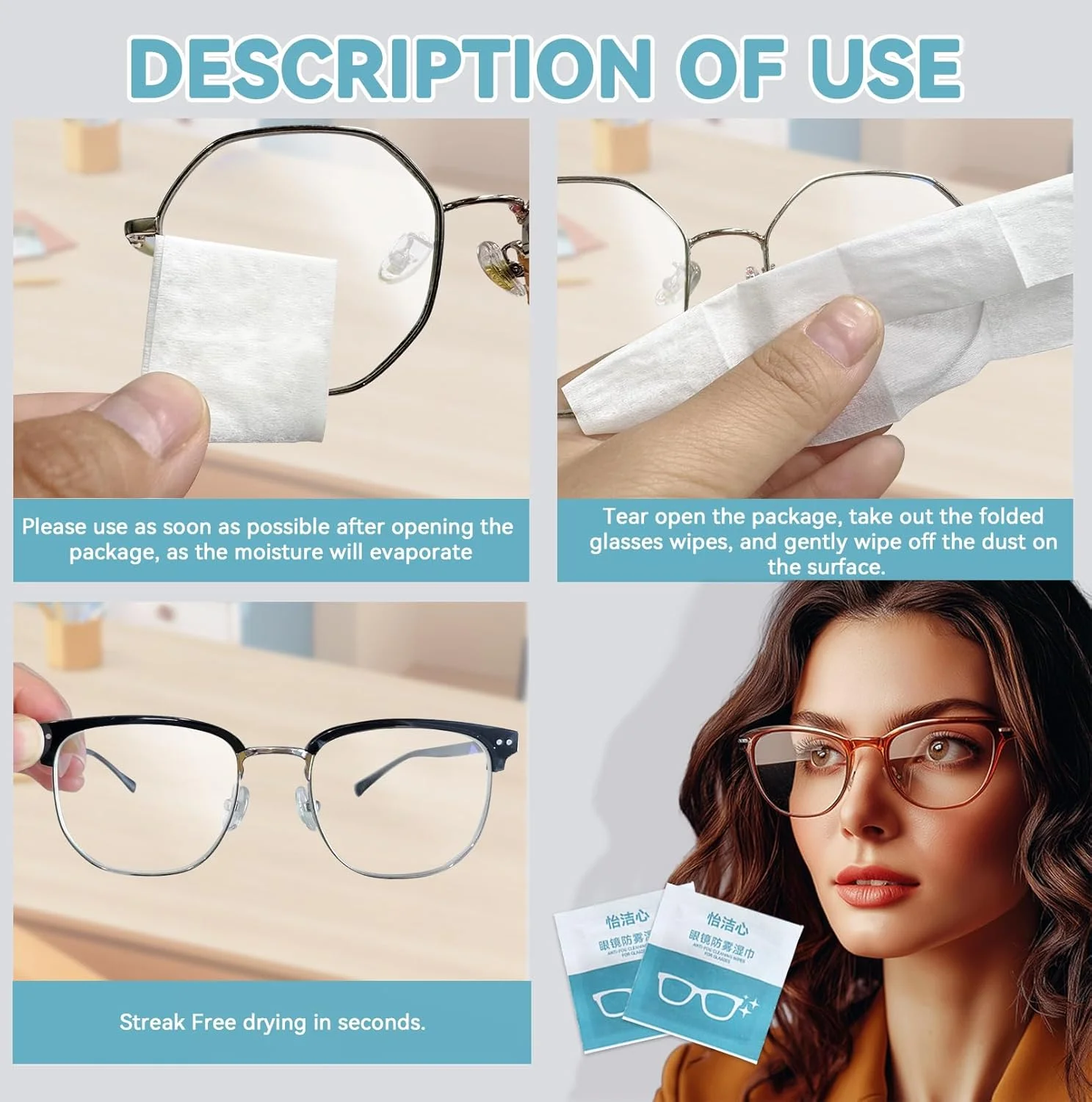 دستمال مرطوب لنز ULHYC بسته 100 عددی، دستمال ضد بخار عینک، تمیز کننده لنز برای عینک، لنز دوربین، موبایل، لپ تاپ، بسته بندی تکی یکبار مصرف