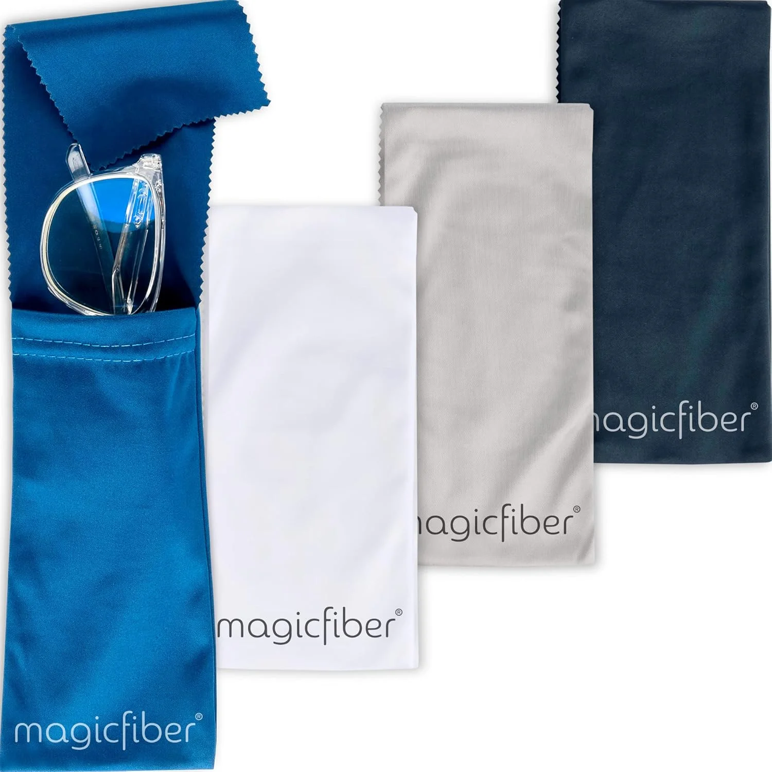 کیف عینک MagicFiber نرم (بسته 4 عددی) - کیف عینک آفتابی - کیف عینک نرم - به عنوان تمیز کننده عینک و عدسی هم کار می کند - نگهداری فوق العاده نرم با سرپوش پارچه ای تمیز کننده - پارچه میکروفیبر برای عینک