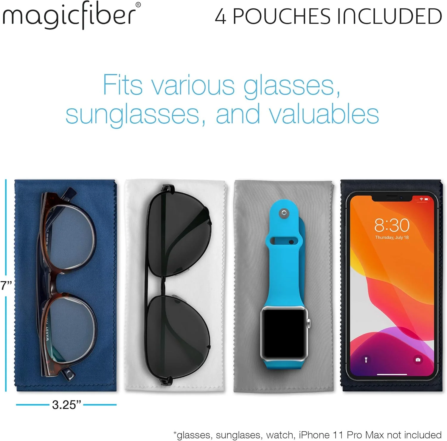 کیف عینک MagicFiber نرم (بسته 4 عددی) - کیف عینک آفتابی - کیف عینک نرم - به عنوان تمیز کننده عینک و عدسی هم کار می کند - نگهداری فوق العاده نرم با سرپوش پارچه ای تمیز کننده - پارچه میکروفیبر برای عینک